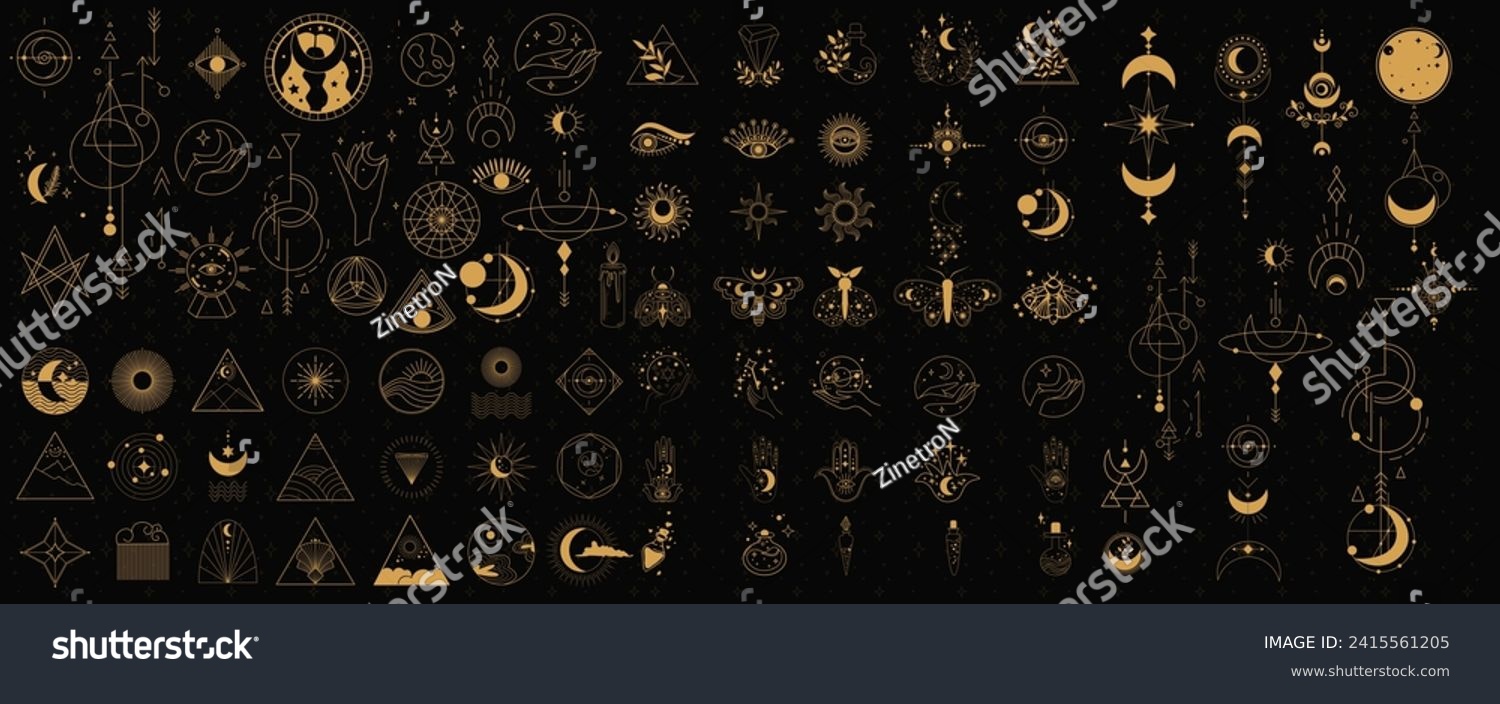 Collection of celestial and occult vector icons featuring moons, stars, and mystical symbols on a dark background. Celestial and Occult Vector Icons Set. Black and gold colors. #2415561205