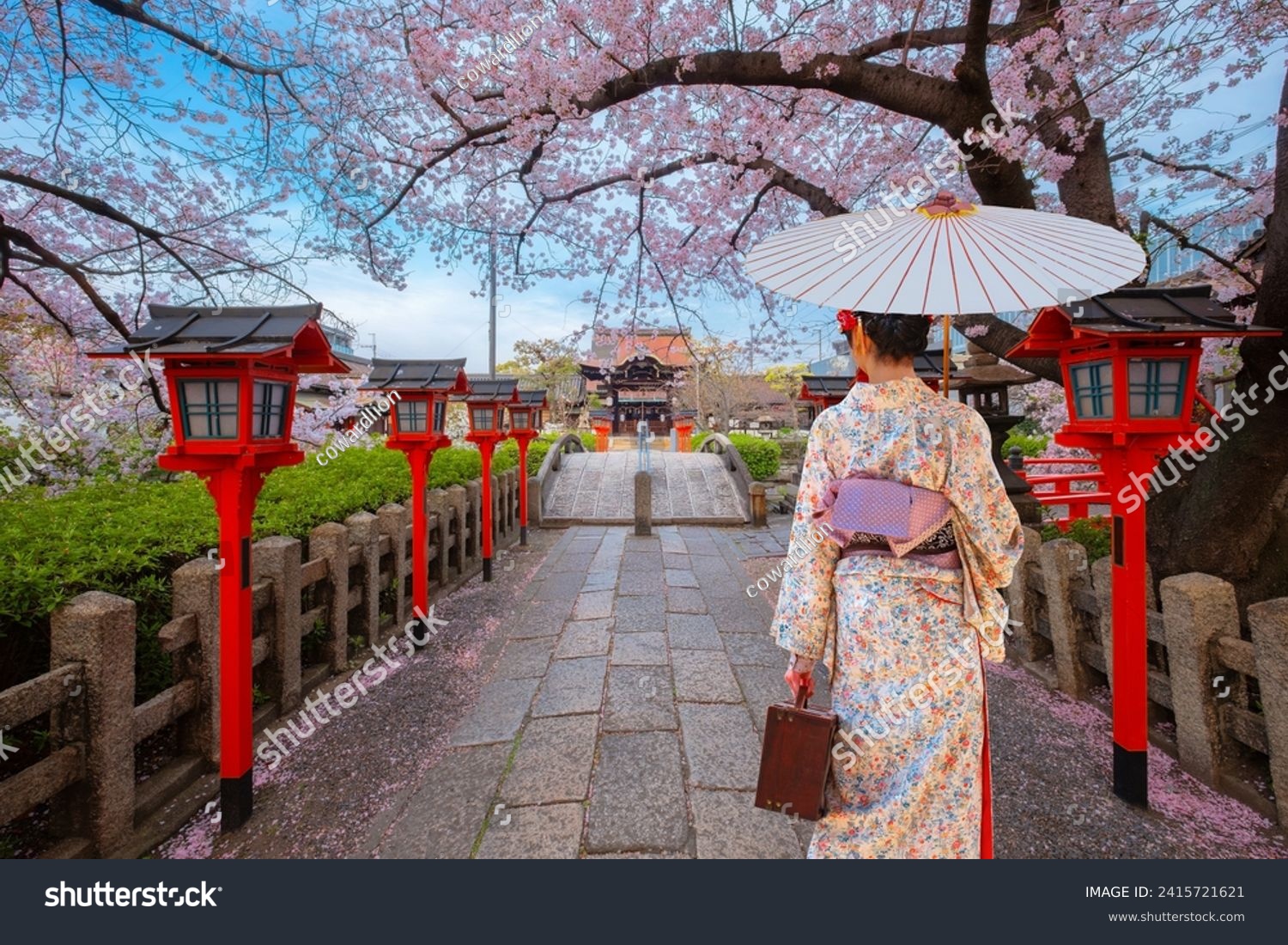 Young Japanese woman in a  traditional Kimono dress strolls by Rokusonno shrine during full bloom sakura cherry blossom period in Kyoto, Japan #2415721621
