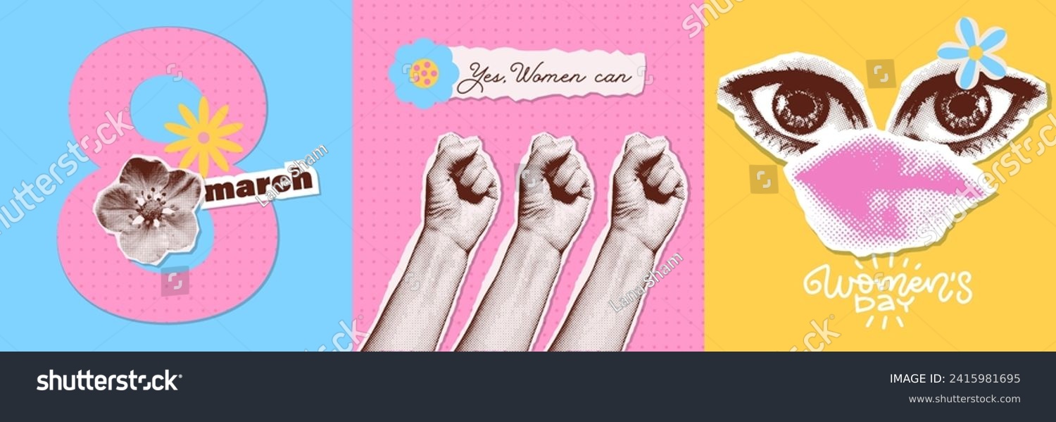 Halftone Collage banners set for International Women s day decoration. Trendy postcards with paper torn out flower, hands, eye and mouth stickers. y2k pop art greeting Card of fight for women s rights #2415981695