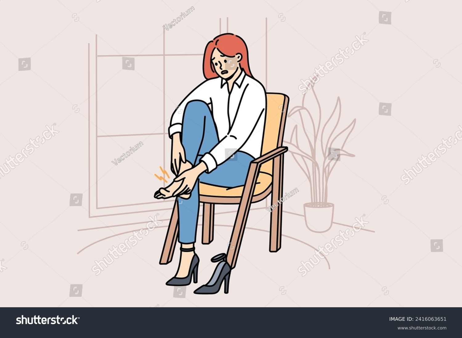Woman with varicose veins feels pain in legs due to uncomfortable high-heeled shoes, sits on chair in apartment. Girl needs medicinal ointment to cure varicose veins or calluses on heel #2416063651
