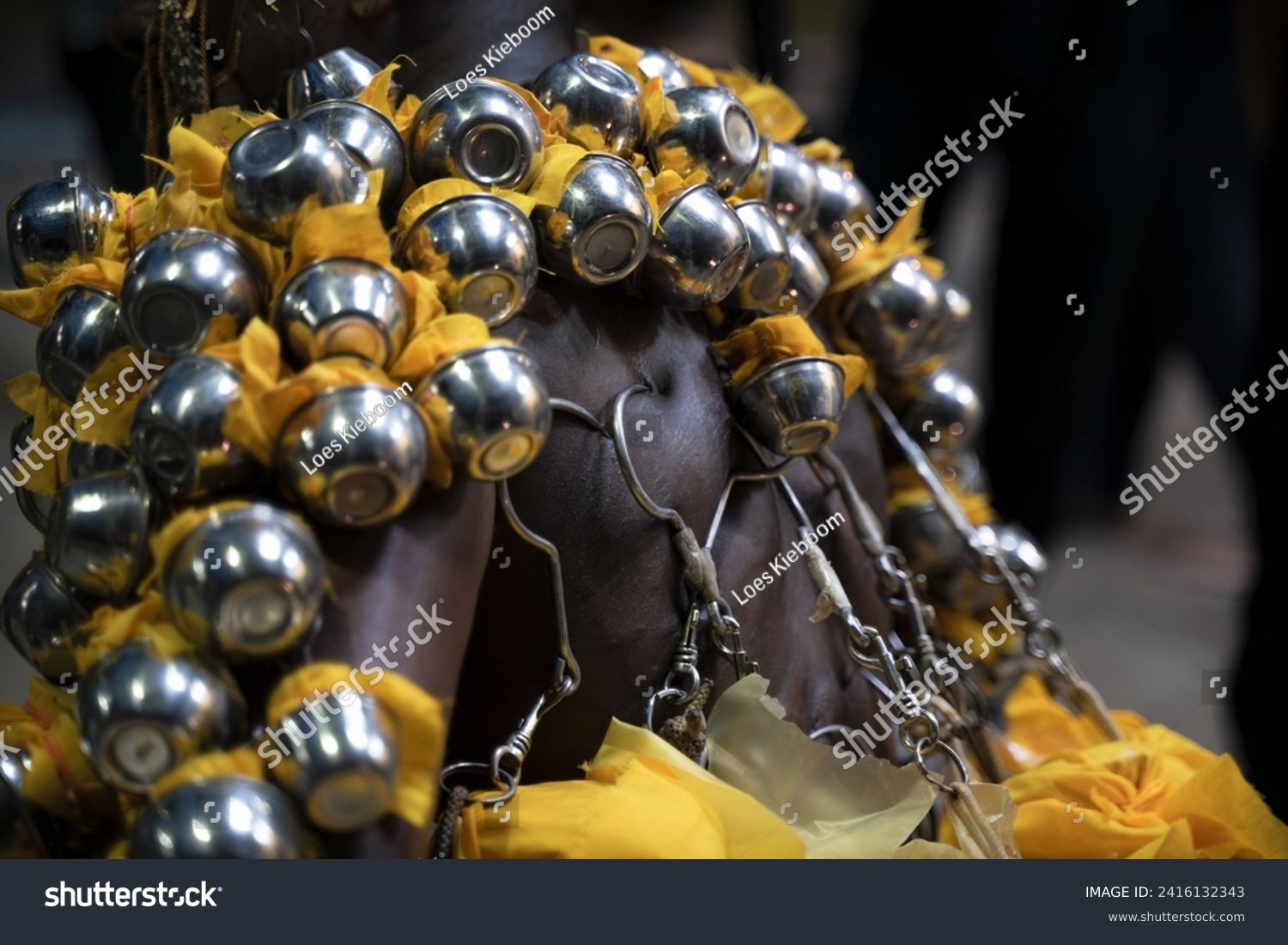 Georgetown, Penang, Malaysia - February 05, 2023: Metal pots with offerings hooked on the back of a Hindu devotee at Thaipusam #2416132343