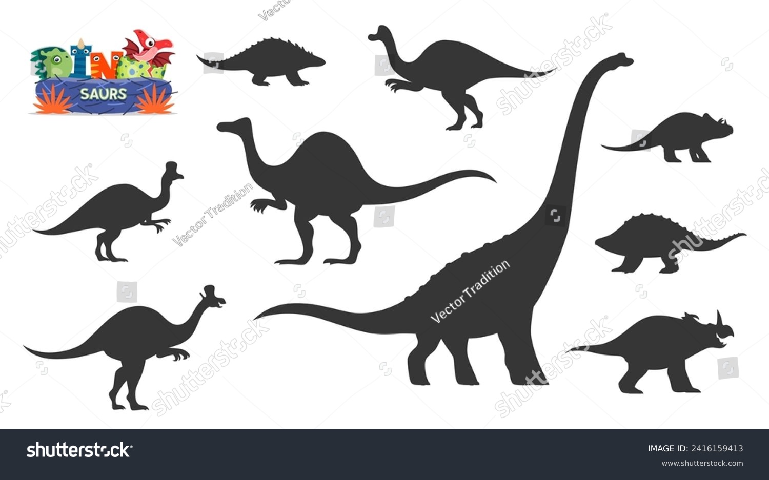 Cute dinosaurs cartoon personages silhouettes. - Royalty Free Stock ...