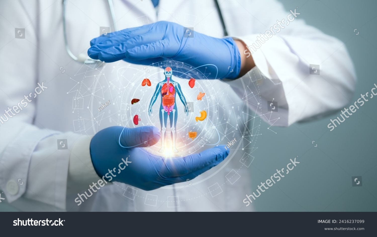 Medical worker holding hologram of a human body with human organs in concept of health. Medical future technology and innovative concept.Elevate healthcare with AI technology services. #2416237099