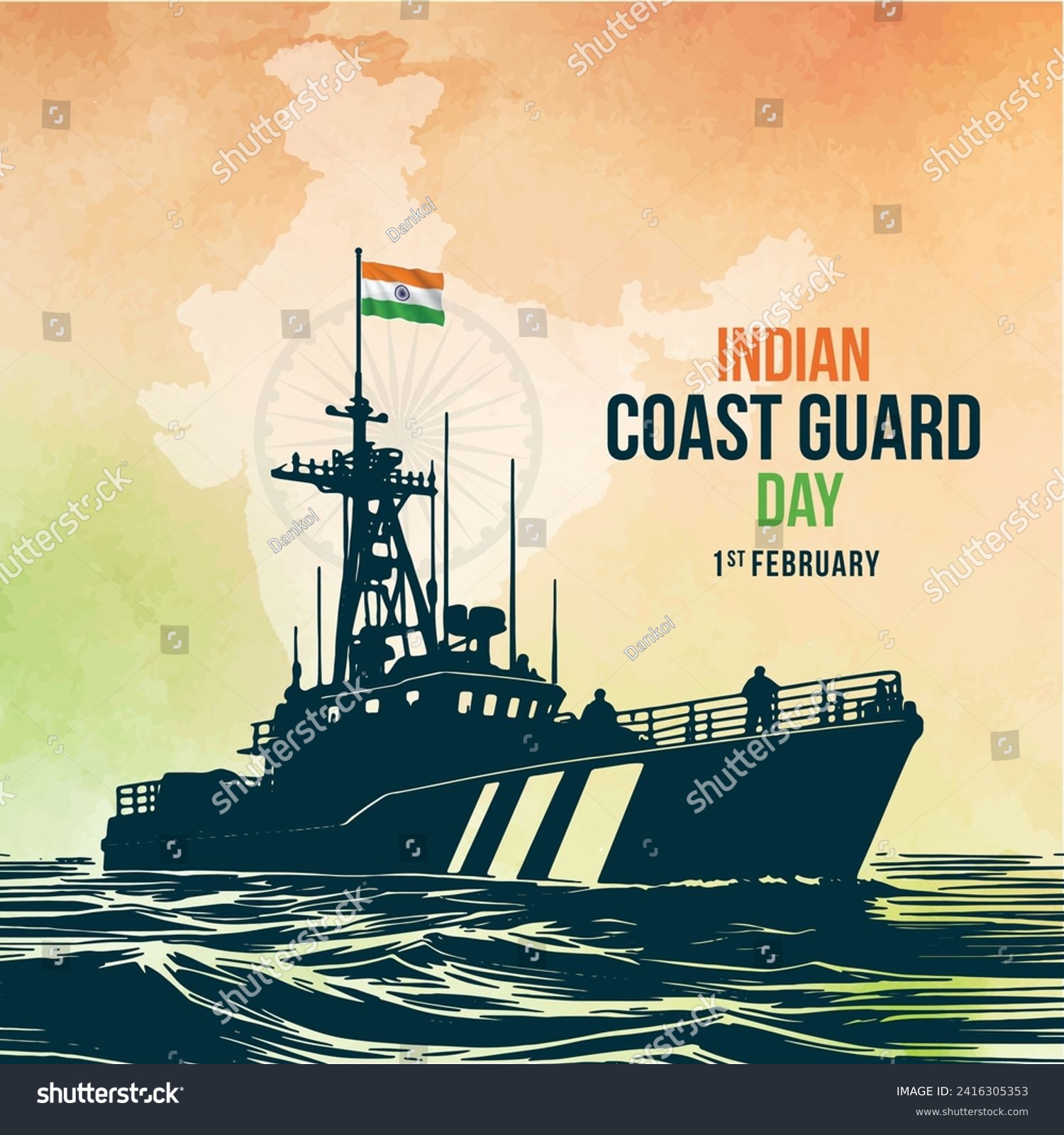 Indian Coast Guard Day 1st February,  Tricolor background, Social Media Design Square Post Vector Template  #2416305353