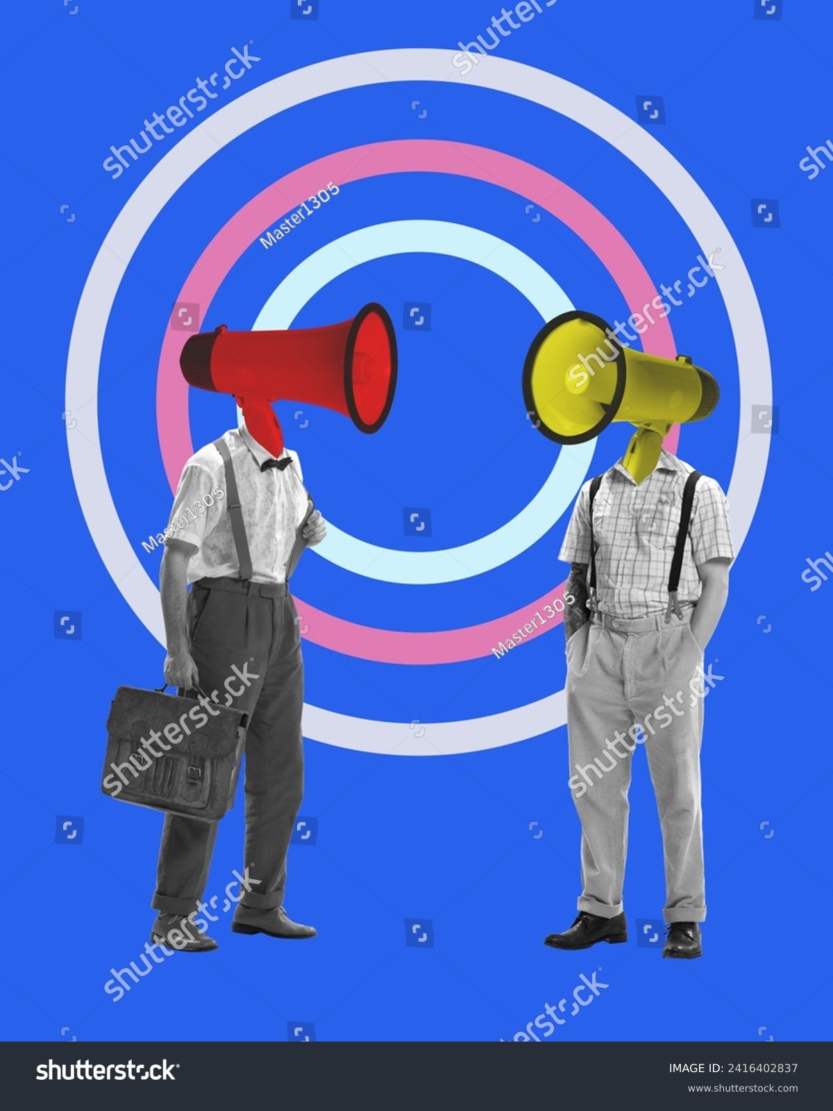 Poster for debate club focusing on power of speech and persuasion in public discourse. Contemporary art. Two individuals with megaphones for heads facing each other. Communication power #2416402837