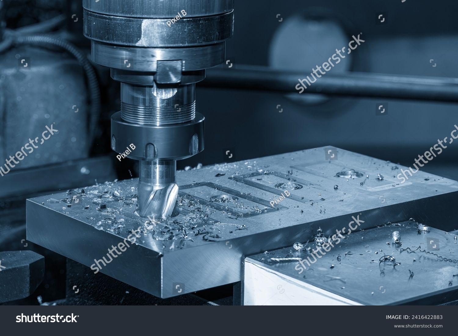 The plunge cutting  process on NC milling machine with flat end mill tools. The metal working concept on the milling machine. #2416422883