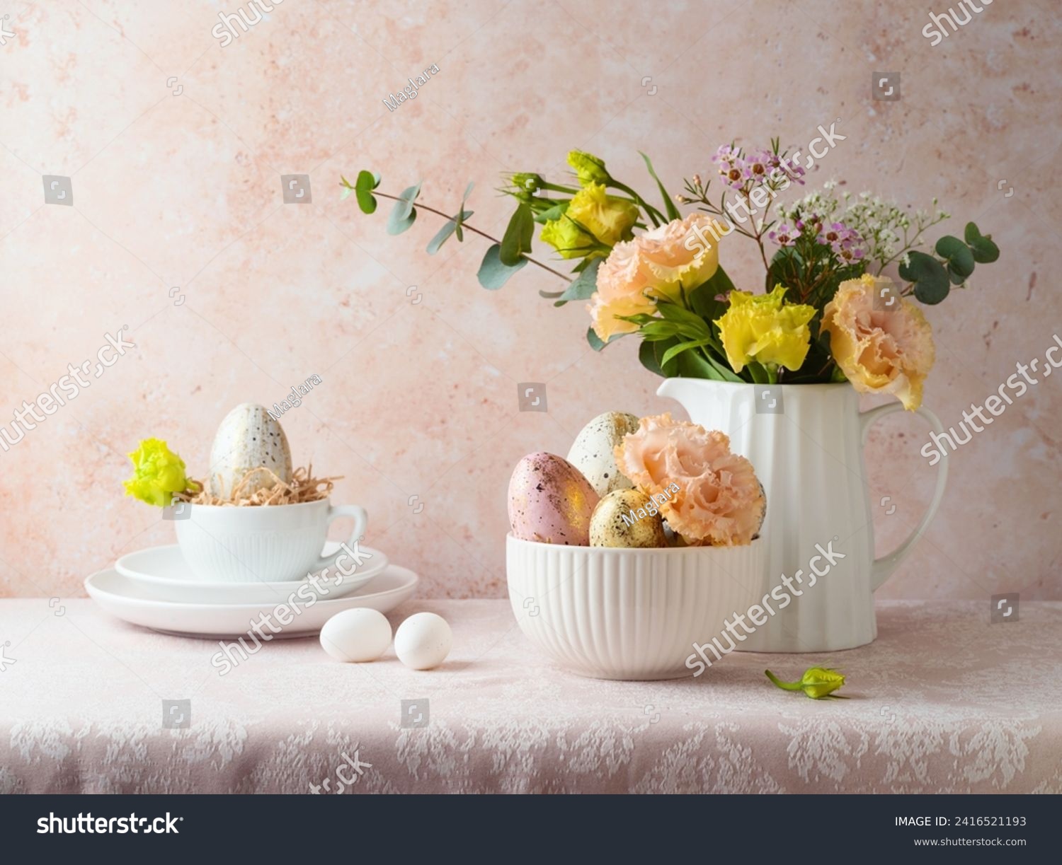 Easter holiday celebration with flowers bouquet and Easter eggs decoration on table over bright  background #2416521193