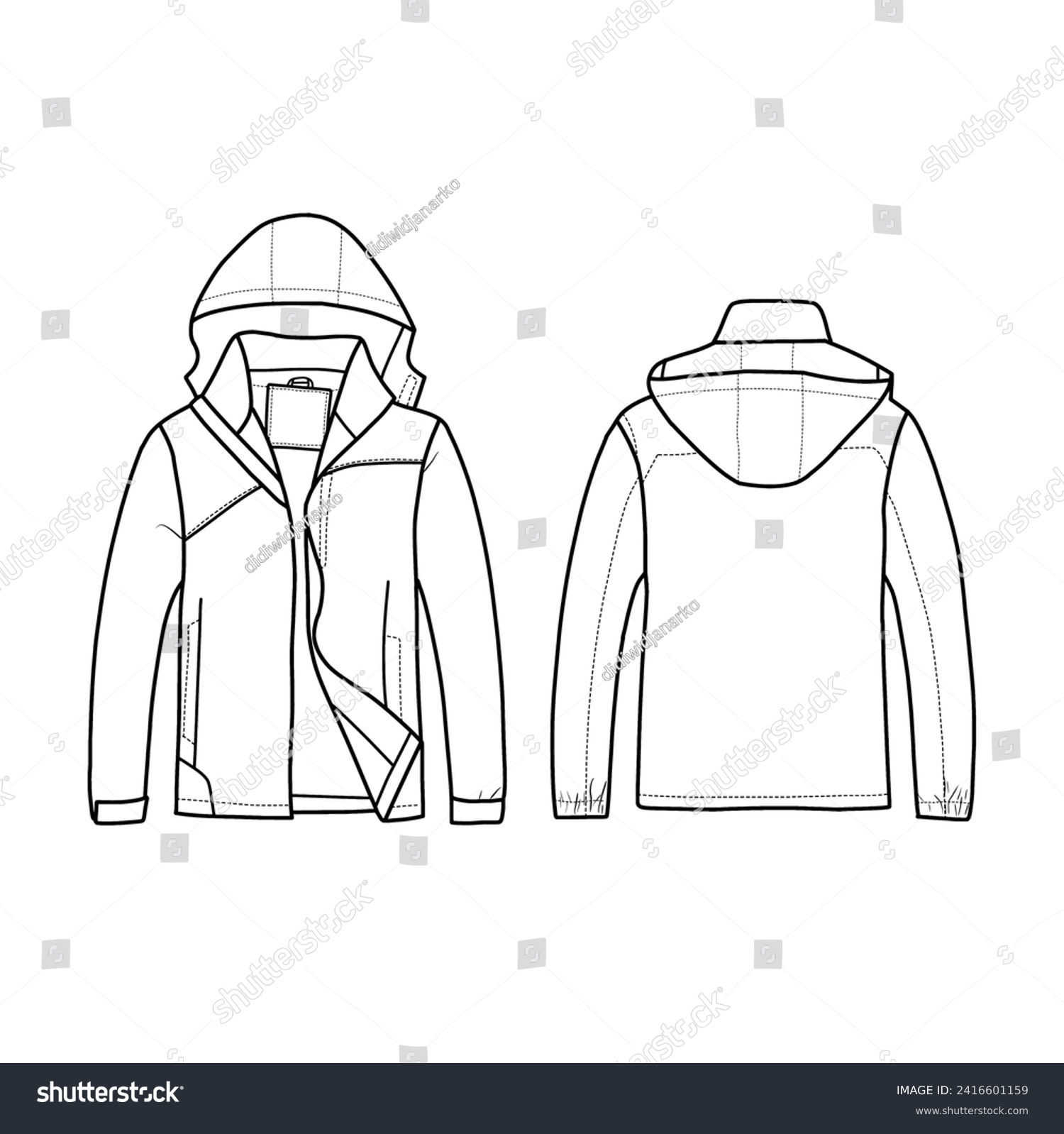Vector Illustration of Mens Jacket Waterproof Lightweight Mountain Sport Jacket design Line art. Hand drawn front and rear view. Men Hooded Windbreaker Raincoat, Isolated on white background #2416601159