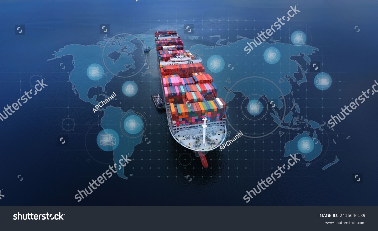 Double exposure of point of map global partnership ship cargo business commercial logistic and transportation international import export by freight cargo ship in the open seaport show ocean business. #2416646189