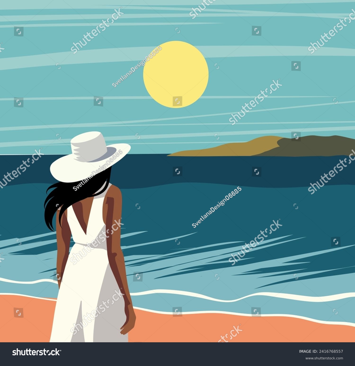 Vector retro illustration with text Hello summer. Conceptual tourism, recreation. Beautiful woman in a hat on the beach against the background of the sky and sea. Female tourist in a white dress #2416768557