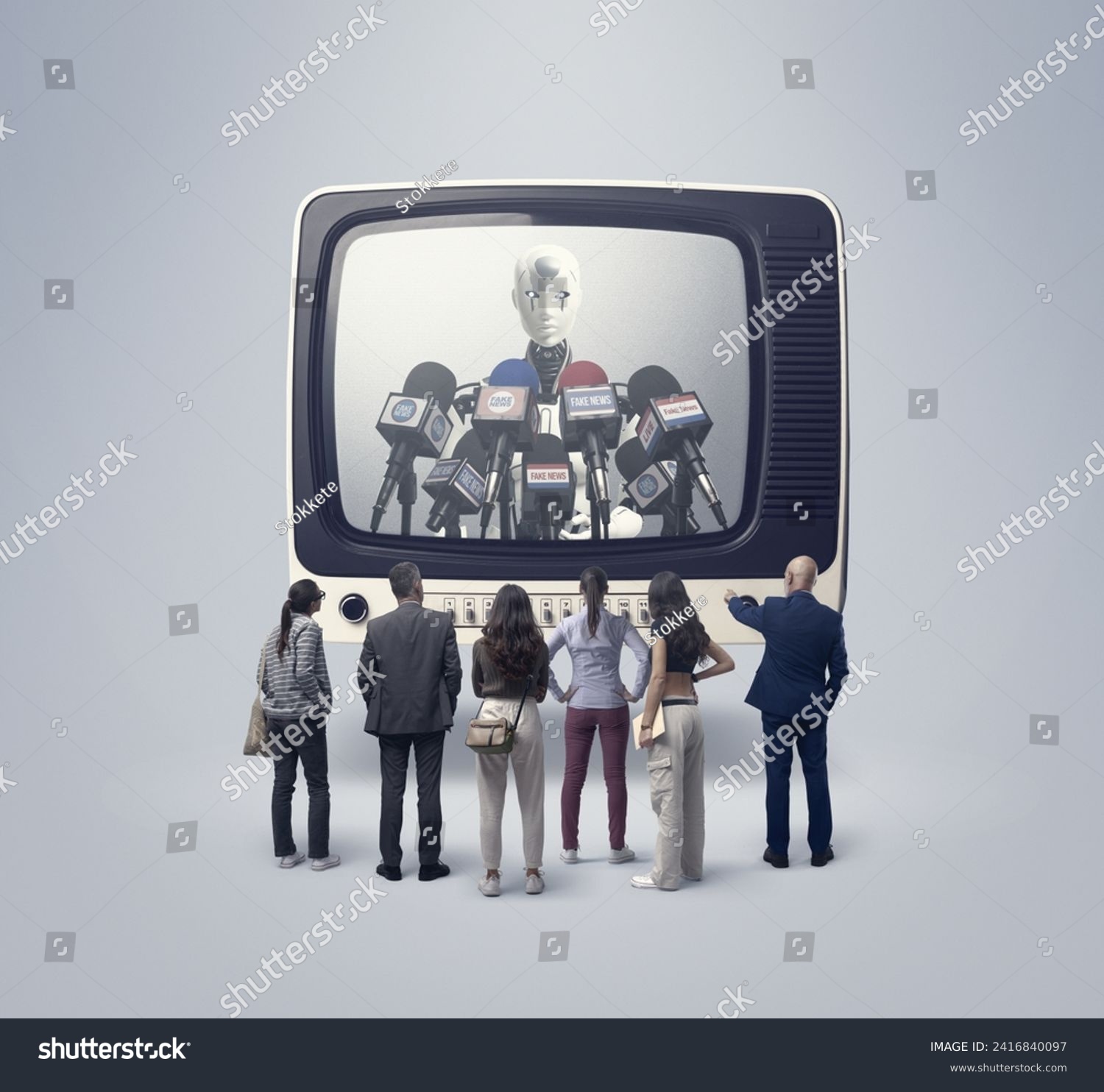 Audience following fake news on television, an AI robot is speaking into the microphones and spreading false information #2416840097