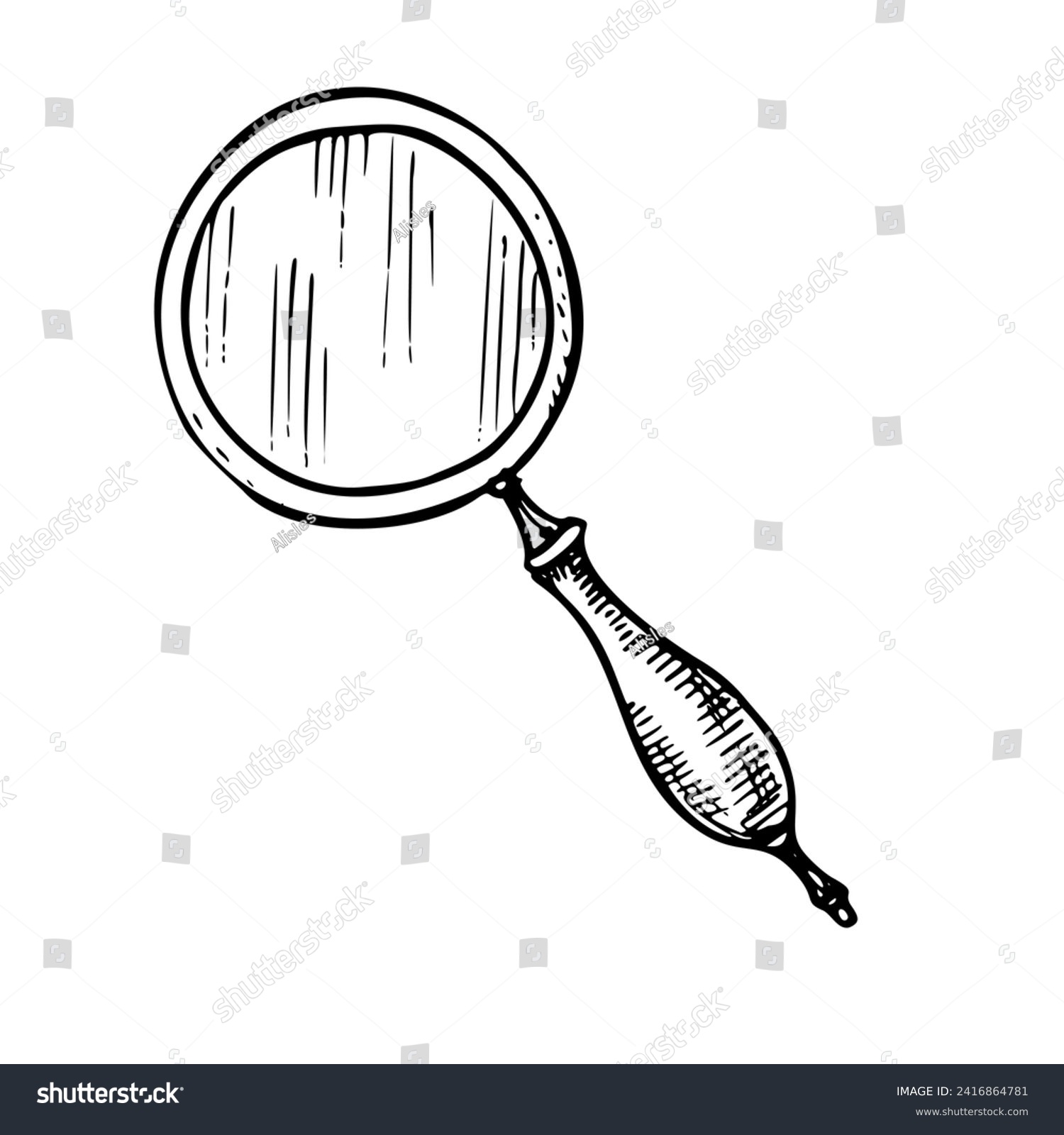 Vintage Magnifying Glass vector illustration. Hand drawn black drawing of old retro Magnifier on isolated white background. Engraving of Loupe for search and explore. Handle tool in linear style. #2416864781