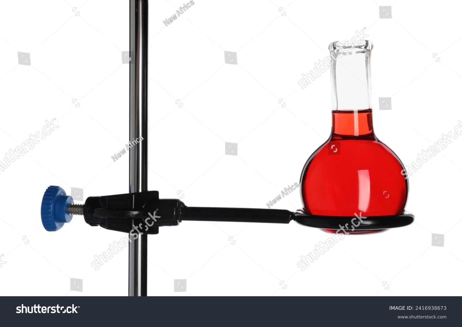 Retort stand with flask of red liquid isolated on white #2416938673