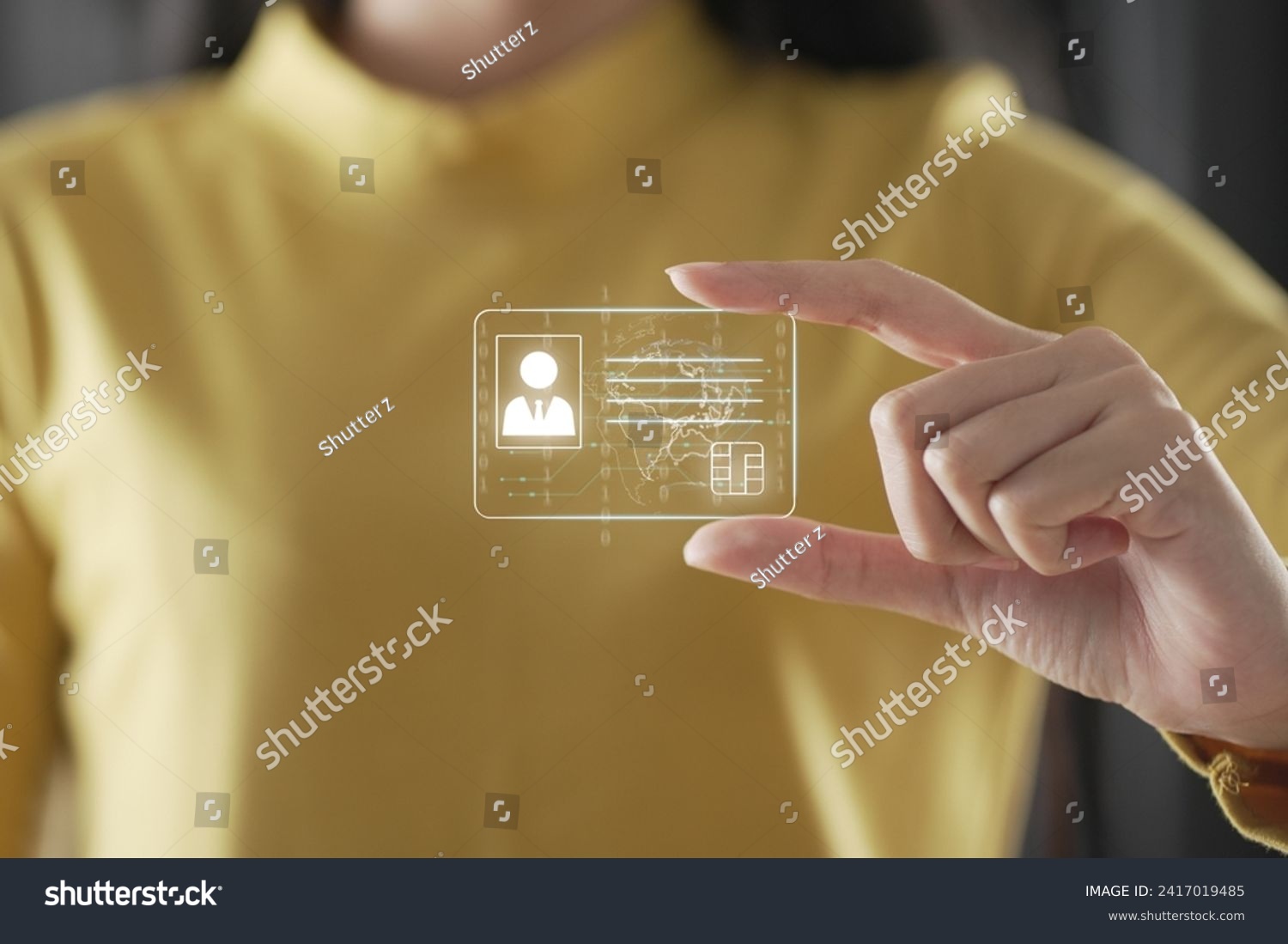 human hand holding digital identification card, technology and innovation concept. hand and digital identification card or digital ID.	 #2417019485