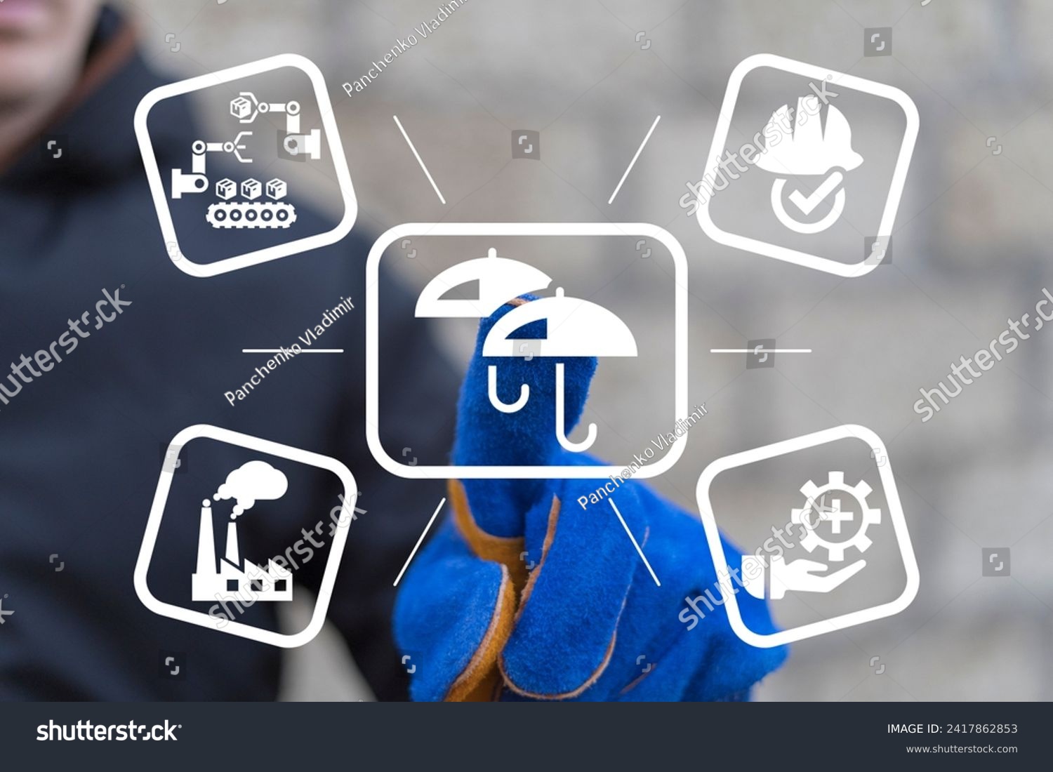 Industrial worker using virtual touchscreen presses icon: two umbrella. Industry Insurance Protection Safety Technology Concept. #2417862853