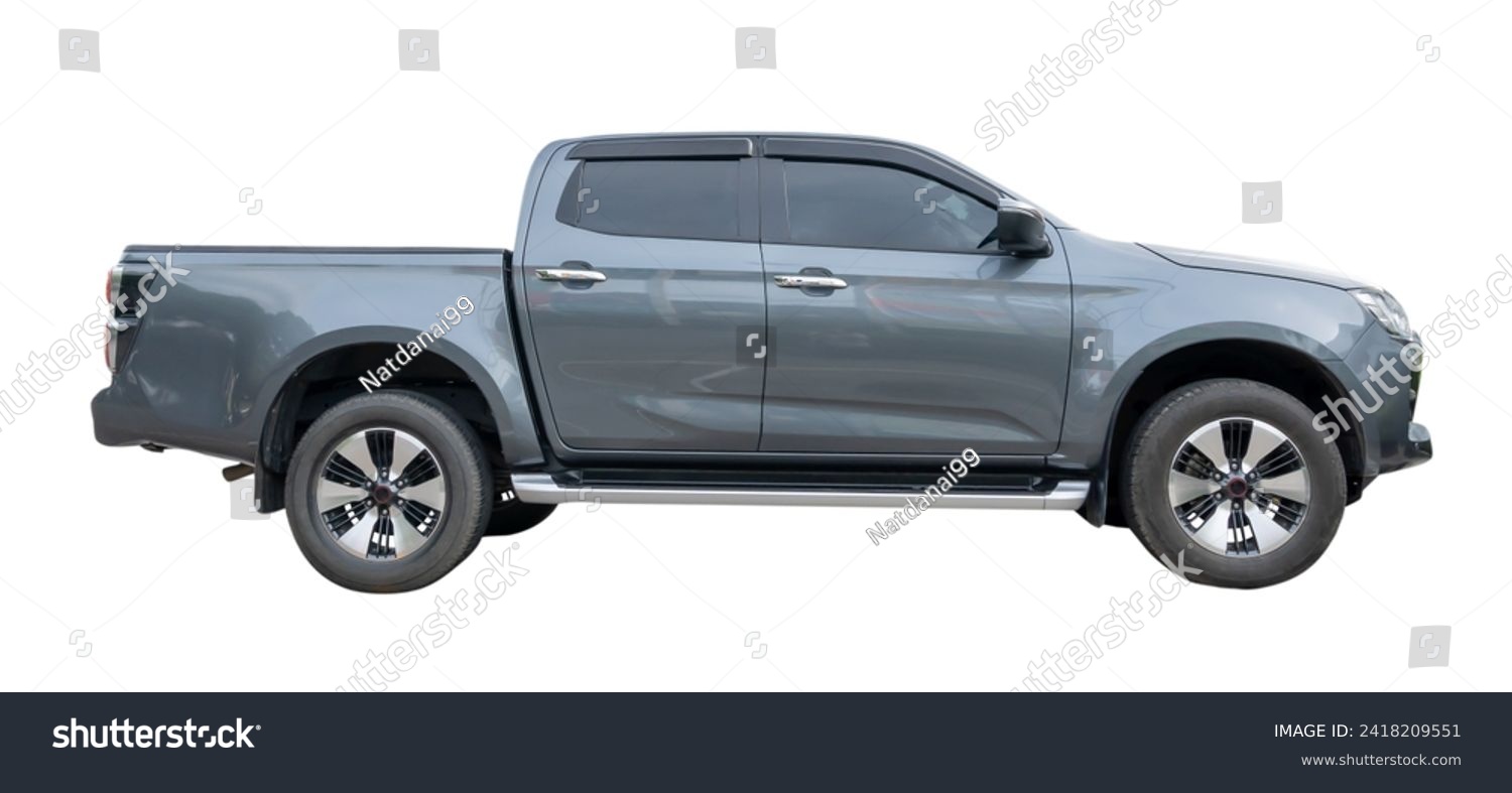 Side view of gray pickup truck is isolated on white background with clipping path. #2418209551