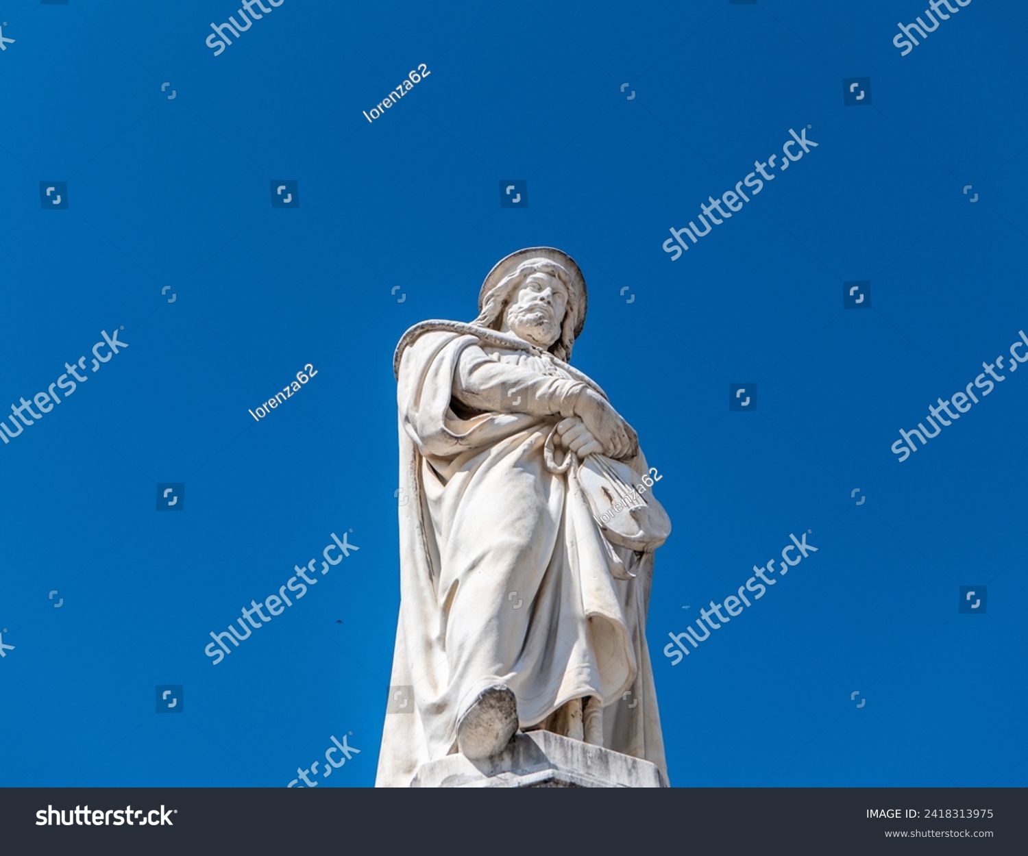 details of the marble Statue of Walther von der Vogelweide, Bolzano town, Bolzano province, Trentino-Alto Adige region, northern Italy. #2418313975
