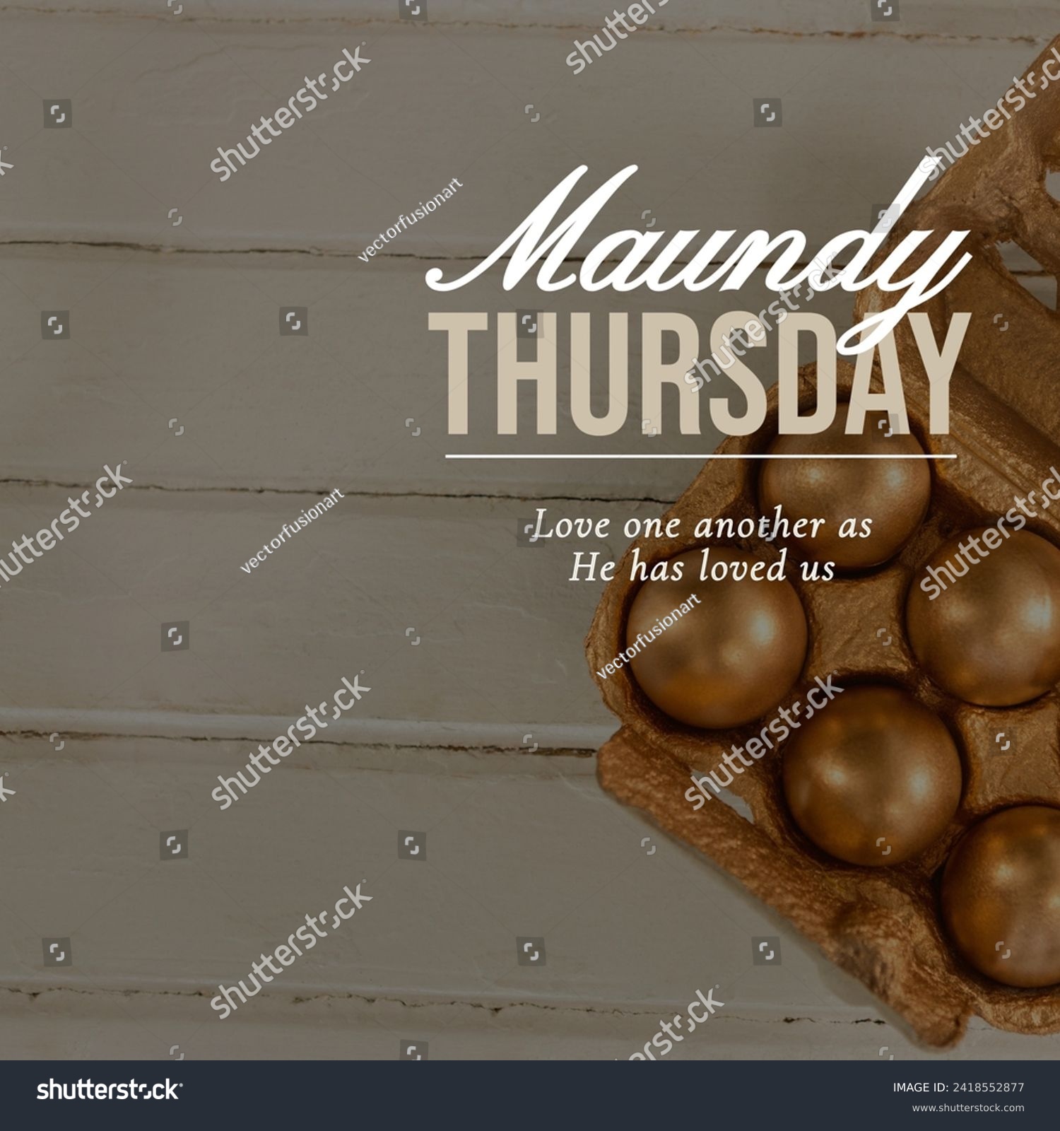 Composition of maundy thursday text over gold eggs on wooden background. Maundy thursday tradition and religion concept digitally generated image. #2418552877