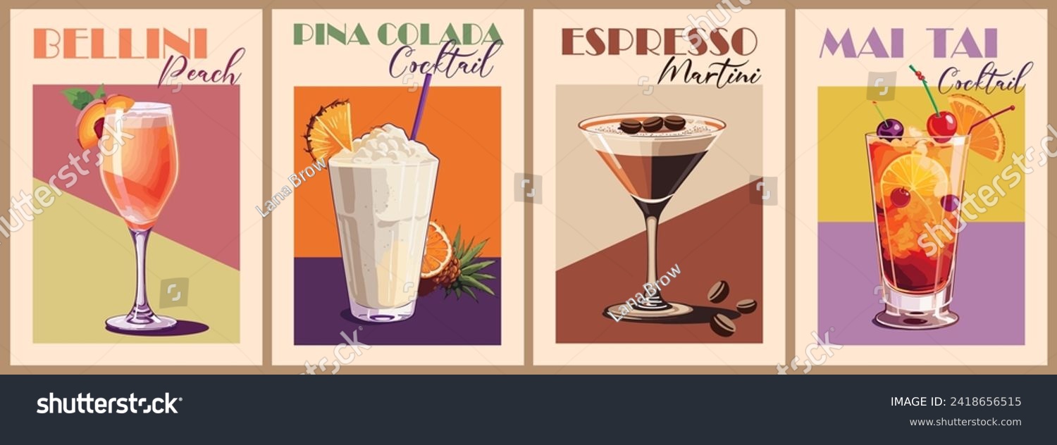 Cocktails retro poster vintage vector art set. #2418656515