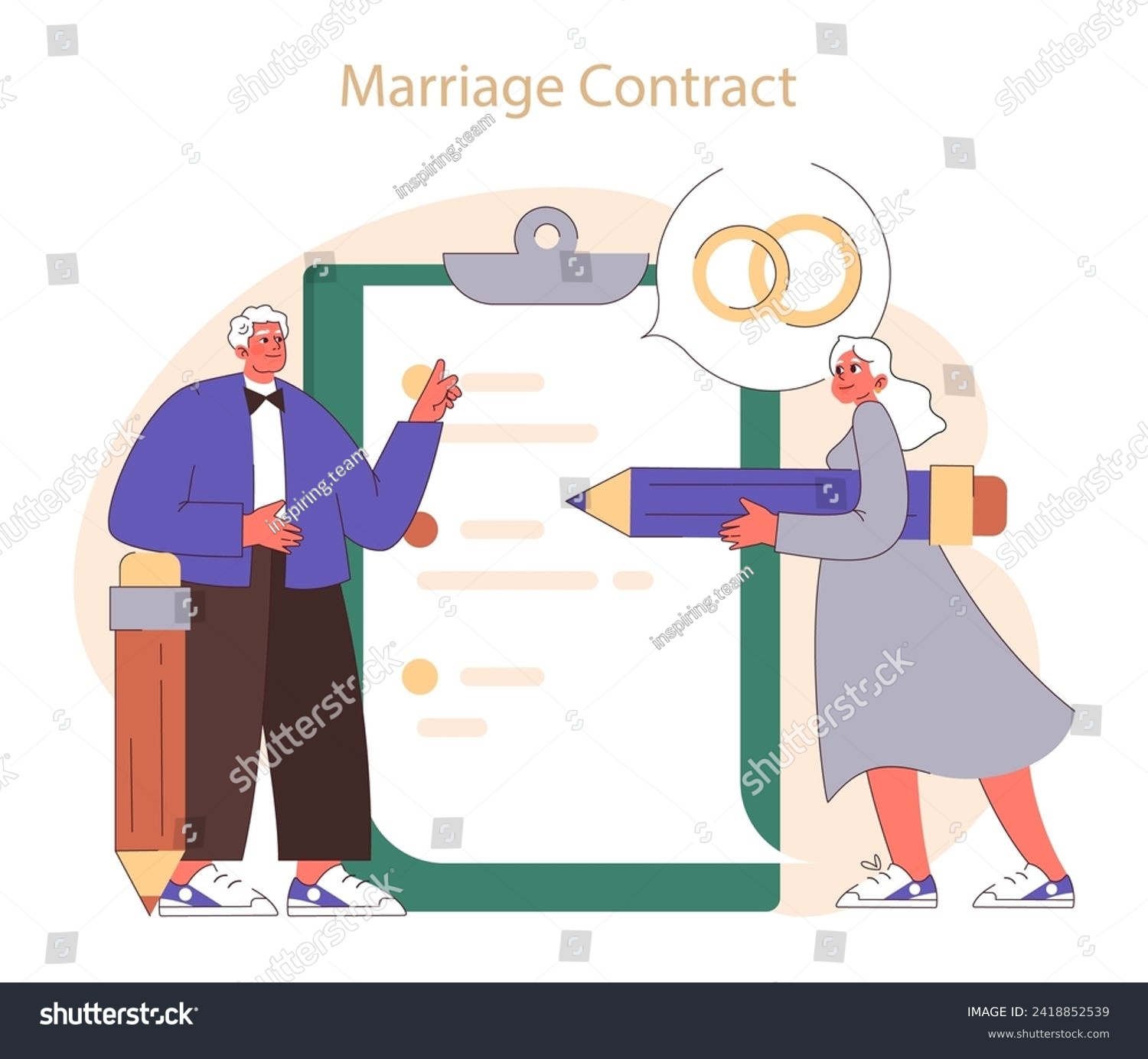 Marriage contract. Senior couple with oversized pen and clipboard, symbolic of life's agreements. Committed partnership signing. Flat vector illustration #2418852539
