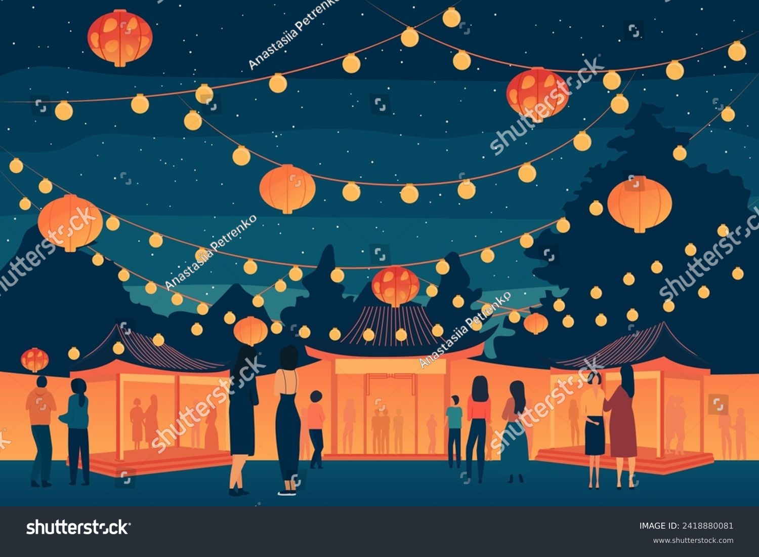 illustration for lantern festival, people having fun and celebrating, lots of lanterns and bright bulbs around, festival, celebration #2418880081