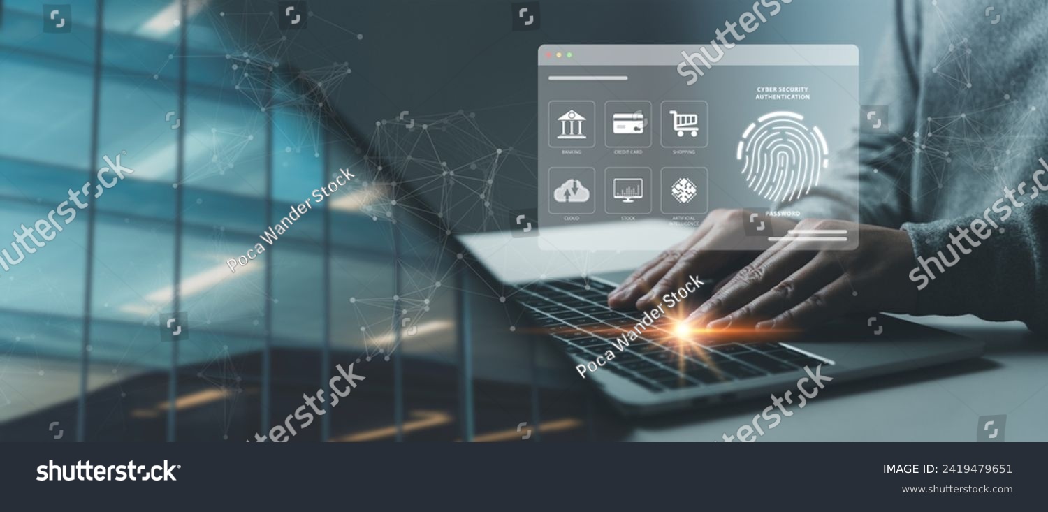 Fingerprint biometrics and digital identity protection concept, businessman using laptop ensuring privacy in cyberspace, biometric authentication for safe online business, security and cyber analysis. #2419479651