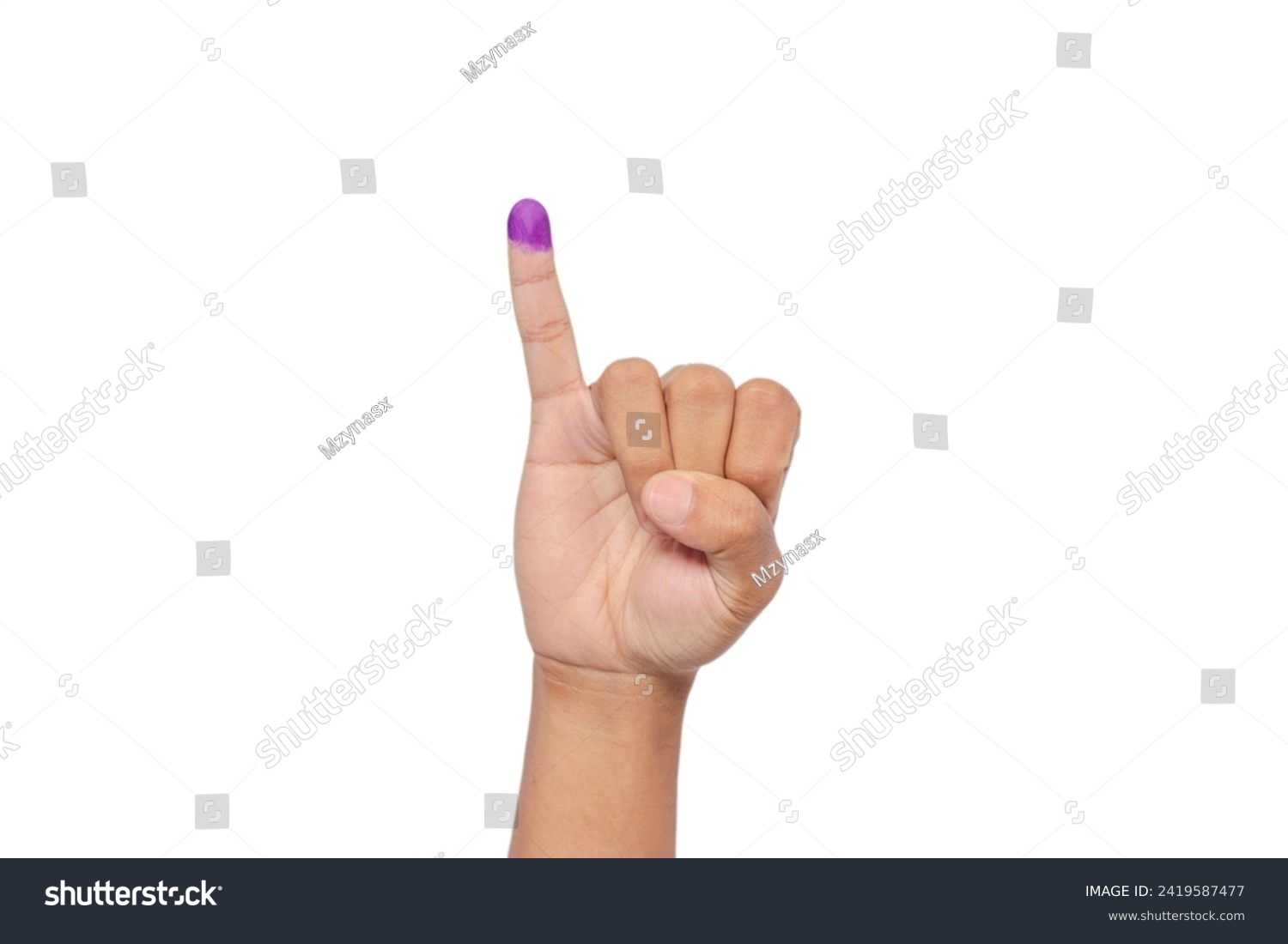 Close up of hand gesture little finger after voting. General elections or Pemilu for the president and government of Indonesia. The finger dipped in purple ink. Isolated image on white background #2419587477