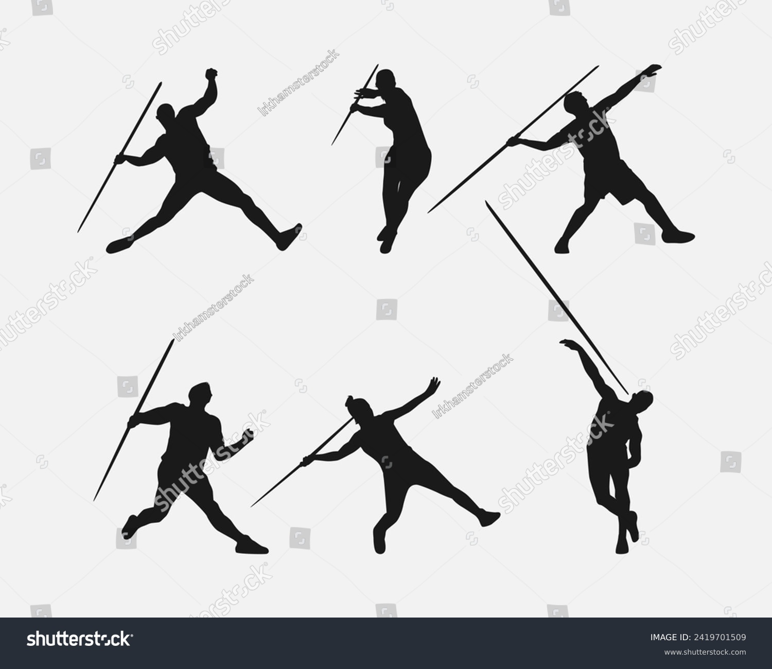 Vector set of silhouettes of javelin, javelin throw. sport, athletics. Isolated on white background. #2419701509