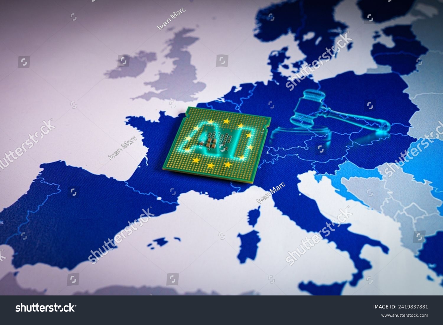 Europe Map with virtual gavel and sound block and AI word. Concept of the EU recently adopted the AI Act, ushering in new restrictions on Artificial Intelligence use cases and mandating transparency #2419837881