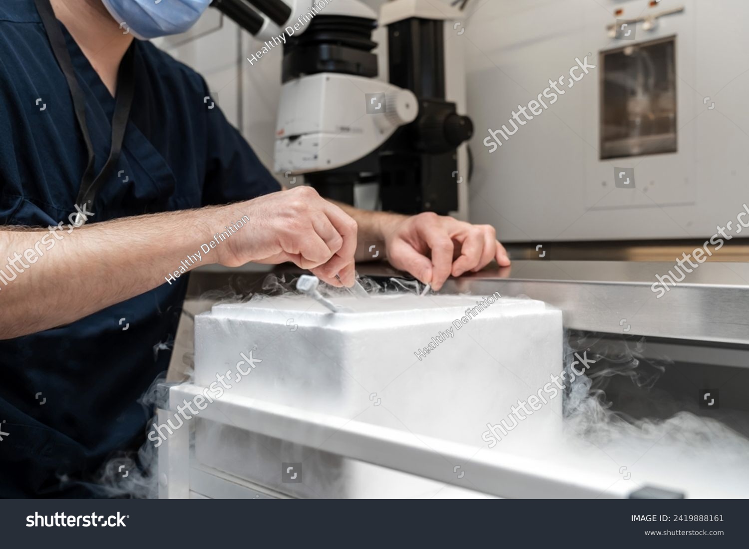 Embryologists a Liquid Nitrogen Bank Containing Sperm and Eggs Samples. ivf  in vitro fertilization, egg freezing. Sperm cryopreservation. Sperm freezing. #2419888161