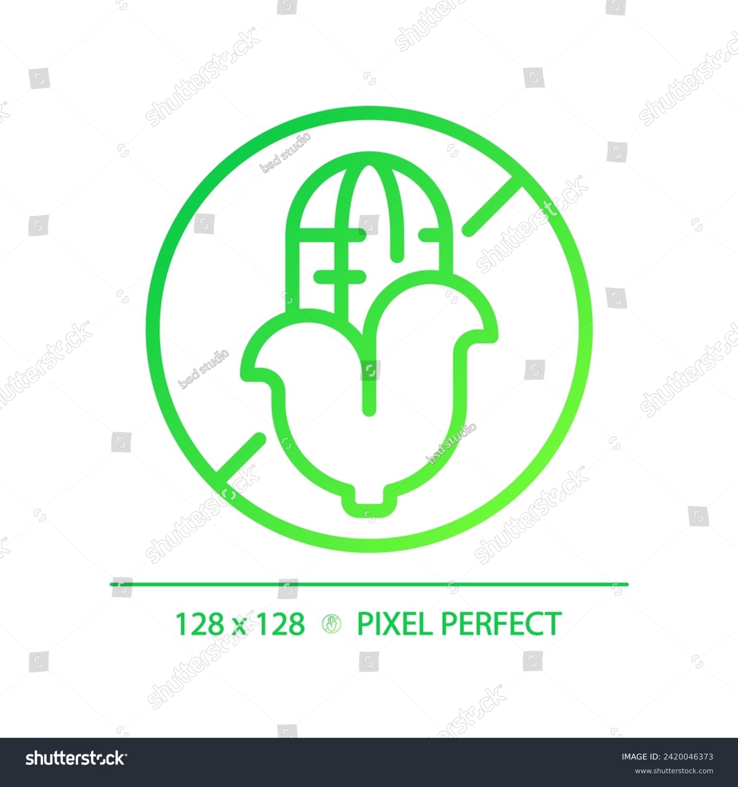 2D pixel perfect gradient corn free icon, isolated vector, thin line green illustration representing allergen free. #2420046373