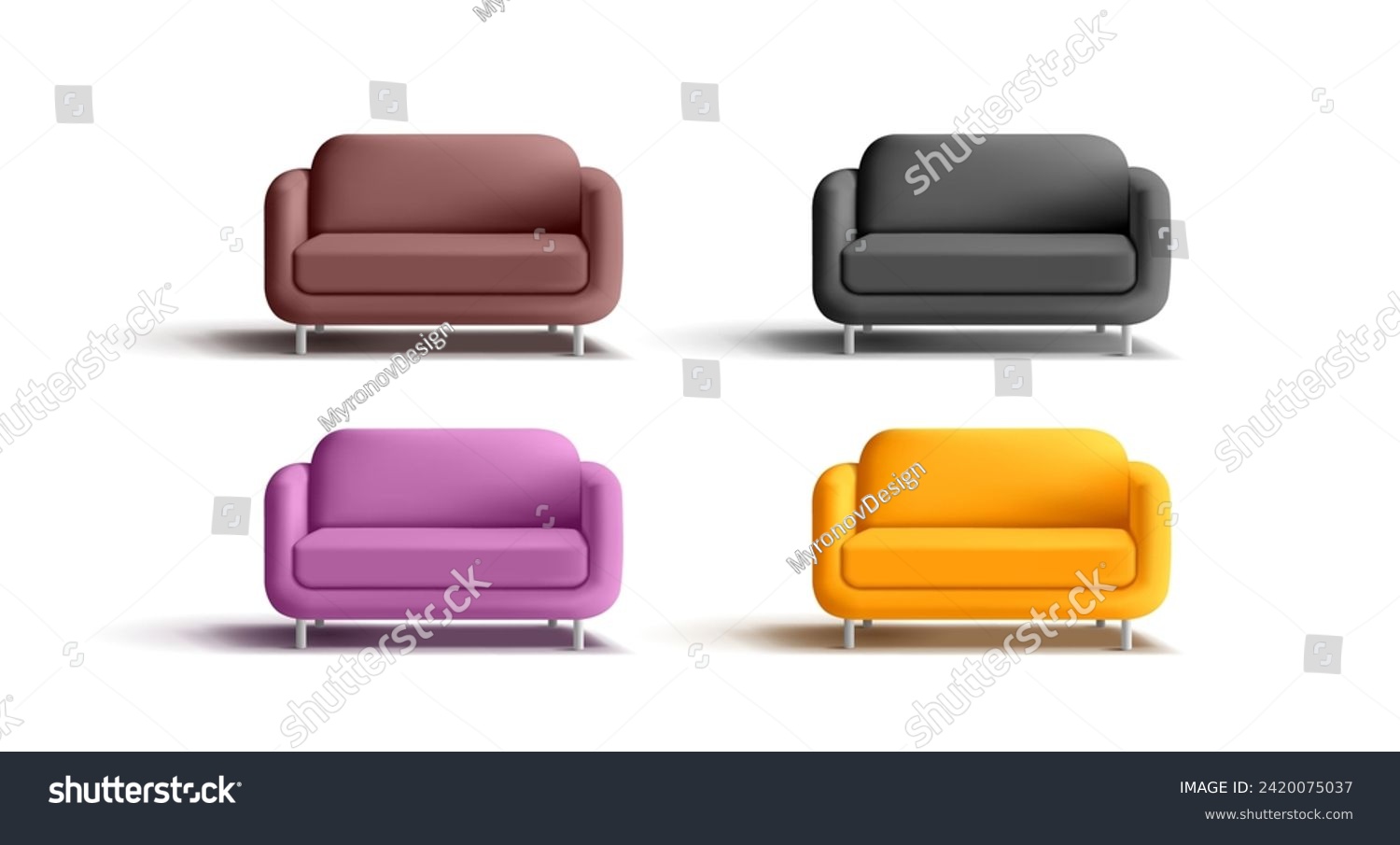3D set of colorful modern sofas. For the office, home, waiting area, and customer service design concepts. Comfortable rest. Interior design. Vector #2420075037