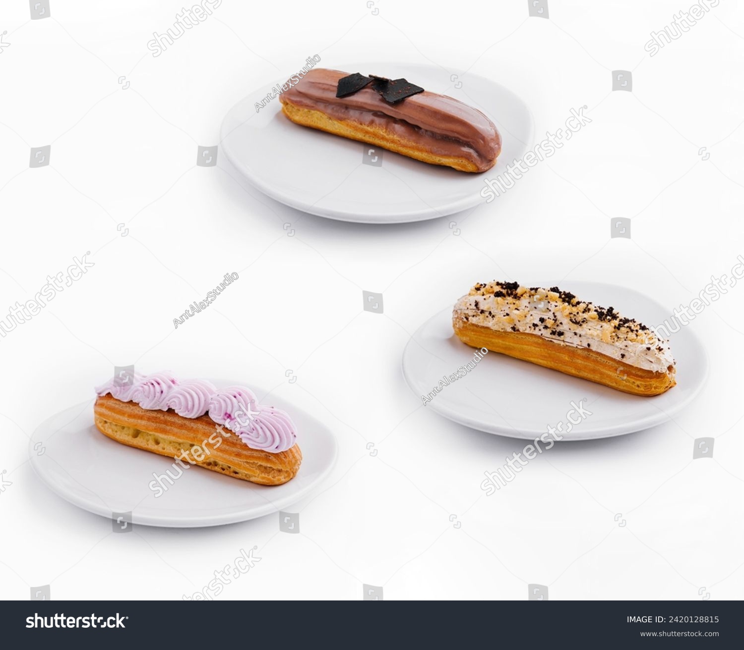 different eclairs with cream and chocolate on plate #2420128815