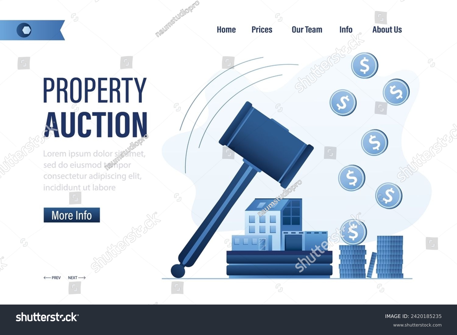 Property auction, landing page template. Modern building, big auction hammer and money. House for sale, profit from real estate deal. Web banner. Design in trendy blue colors. Flat vector illustration #2420185235