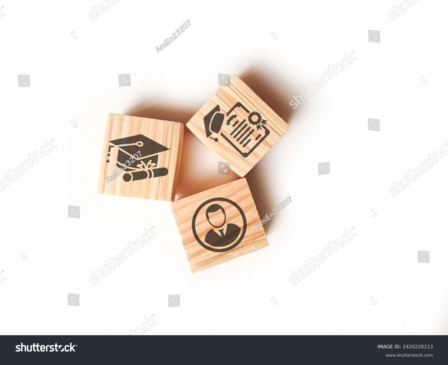 Wooden blocks with qualifications, certificates and graduate icons. The concept of academic qualifications. The concept of required skills. #2420228213