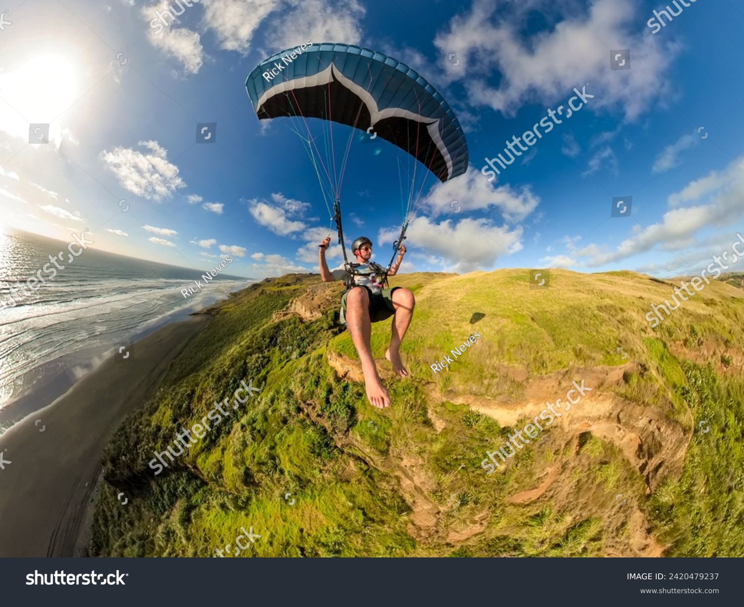 Extreme paragliding pilot soaring in the New Zealand beach at sunset. Adventure concept #2420479237