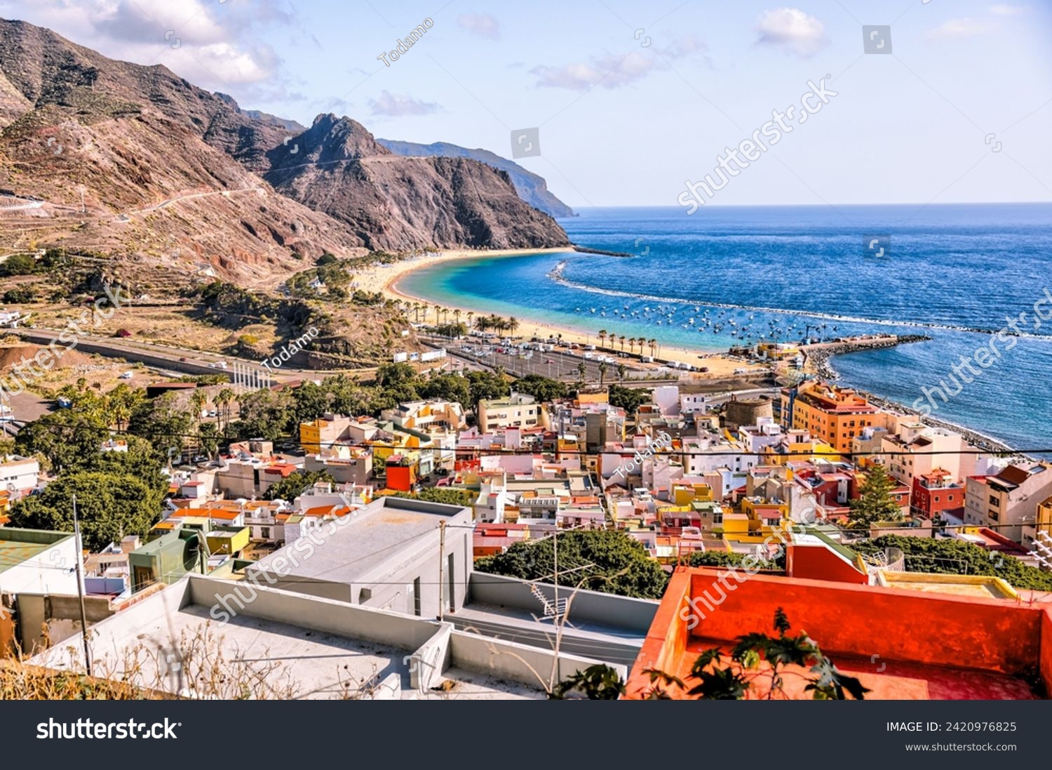 Tenerife, Spain - December 25, 2023: Aerial views of the town of San Andres and the beaches of Playa de las Teresitas on the island of Tenerife in Spain's Canary Islands
 #2420976825