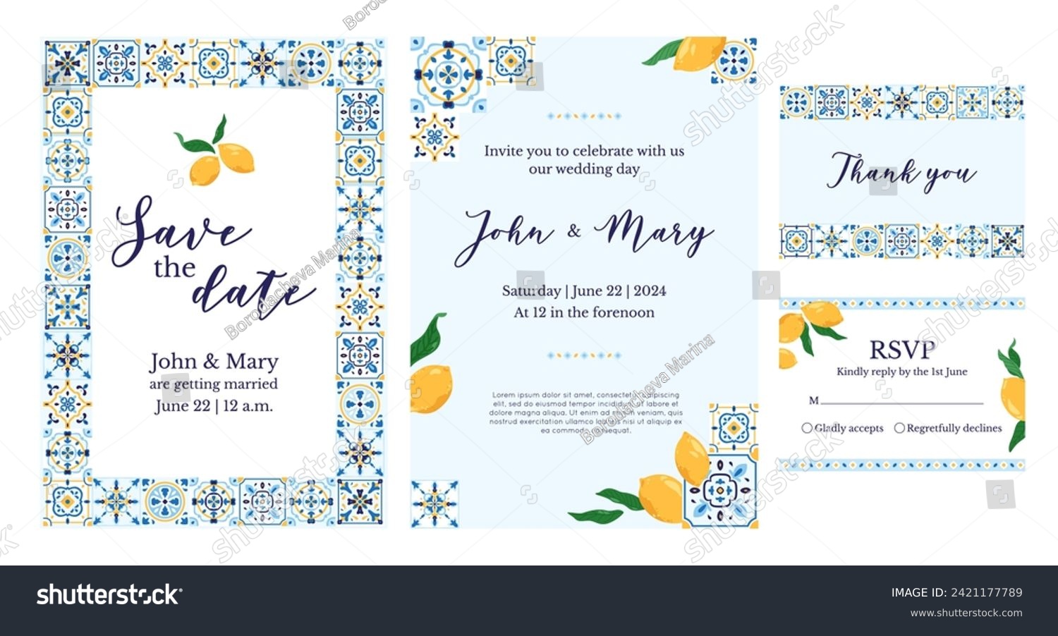 Save the date designs with ceramic tiles pattern and sicilian lemons with leaves. Ceramic majolica border, invitation template with patchwork. RVSP card with portuguese ornate. Vector illustration. #2421177789
