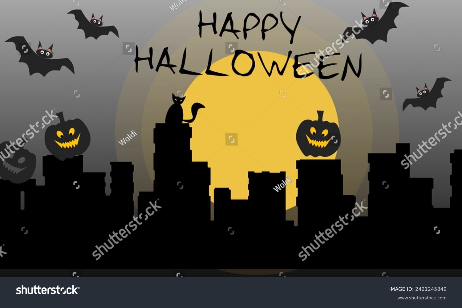 Vector illustration of Halloween day in the city at night, with moonlit silhouettes of pumpkins, cats, bats. Suitable for greeting cards, banners, posters, etc. #2421245849
