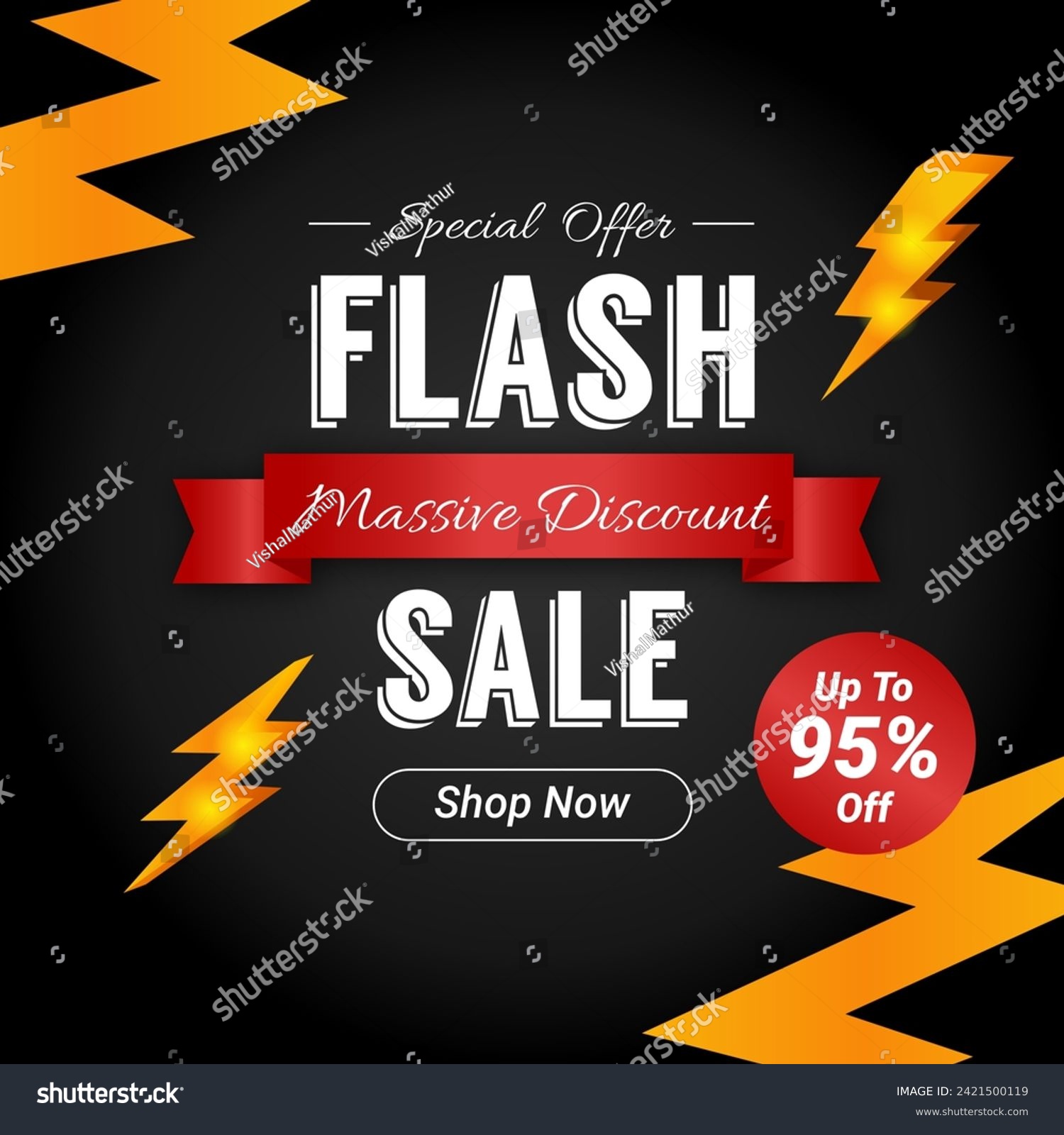 Flash Sale in Gold lightning background with up to 95% off. Massive Discount. Shop Now. Flash Sales banner with Gold lightning Icon. Special offer. #2421500119