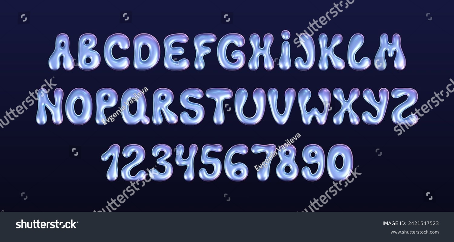 3d holographic liquid font in y2k style isolated on a dark background. Render of 3d neon inflated iridescent alphabet and numbers with rainbow effect. 3d vector y2k hologram set of letters #2421547523