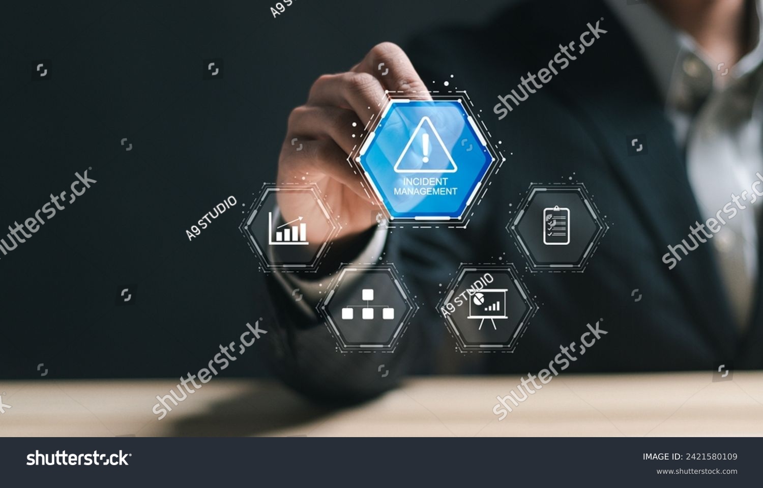 Incident management  process business technology concept. Businessman touch virtual incident management word. diagnosing and resolving unexpected problems that occur. #2421580109