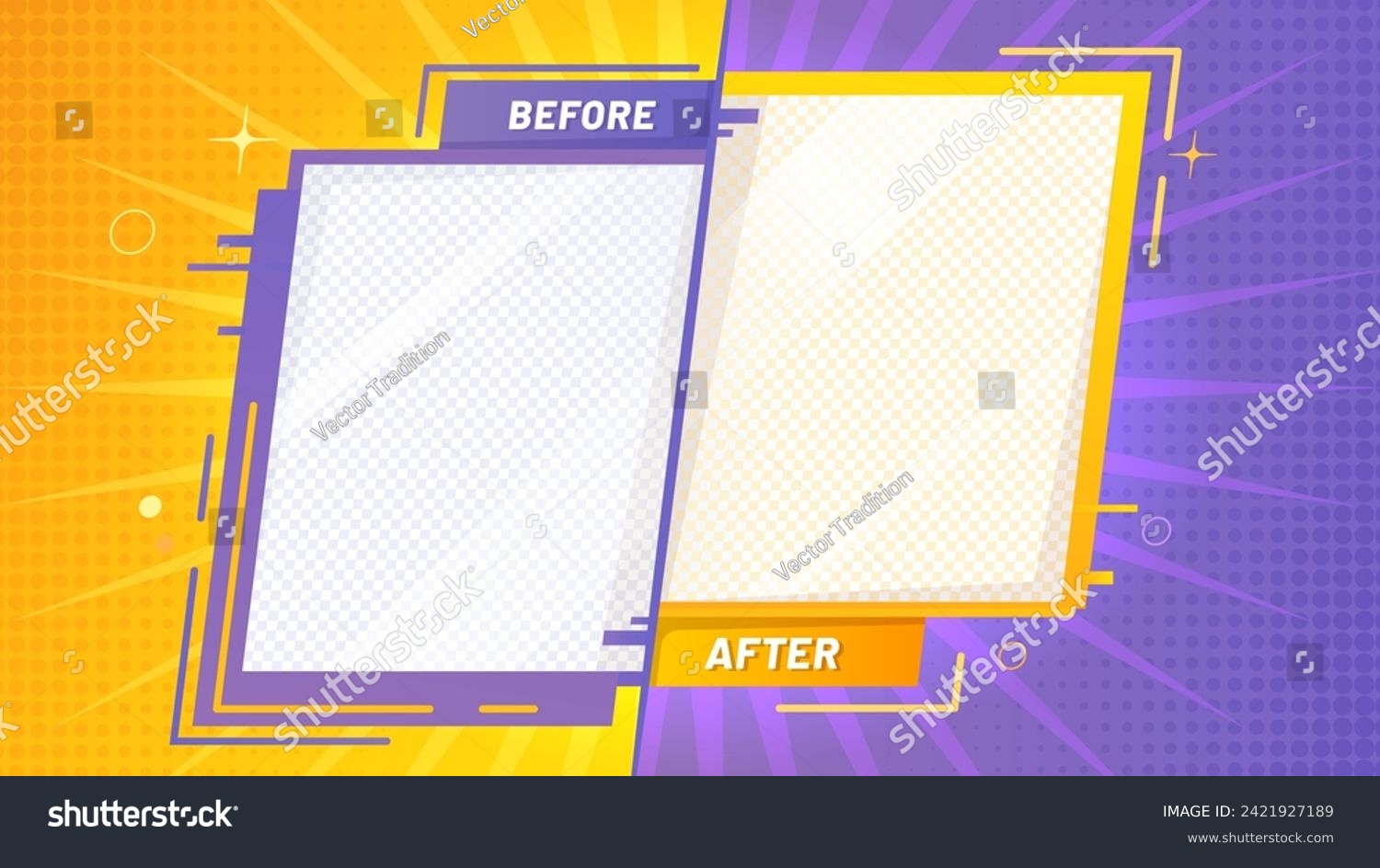 Before after template. Vector yellow and purple color background with halftone dotted pattern, sun rays, sparks and transparent copy space. Borders or photo frames for comparison in retro comic style #2421927189