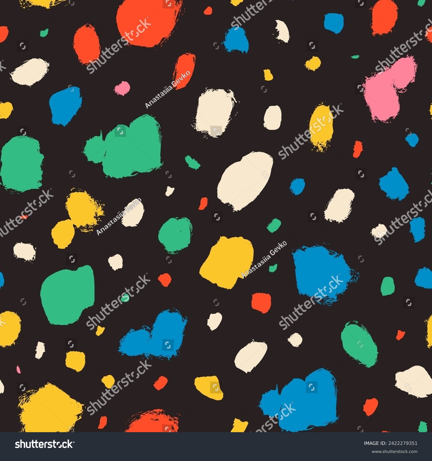 Dalmatian animal fur seamless pattern in bright colors. Hand drawn grunge blots and spots. Various brush strokes. Stained background. Random hand drawn spots. Abstract blobs texture. Ink splatter. #2422279351