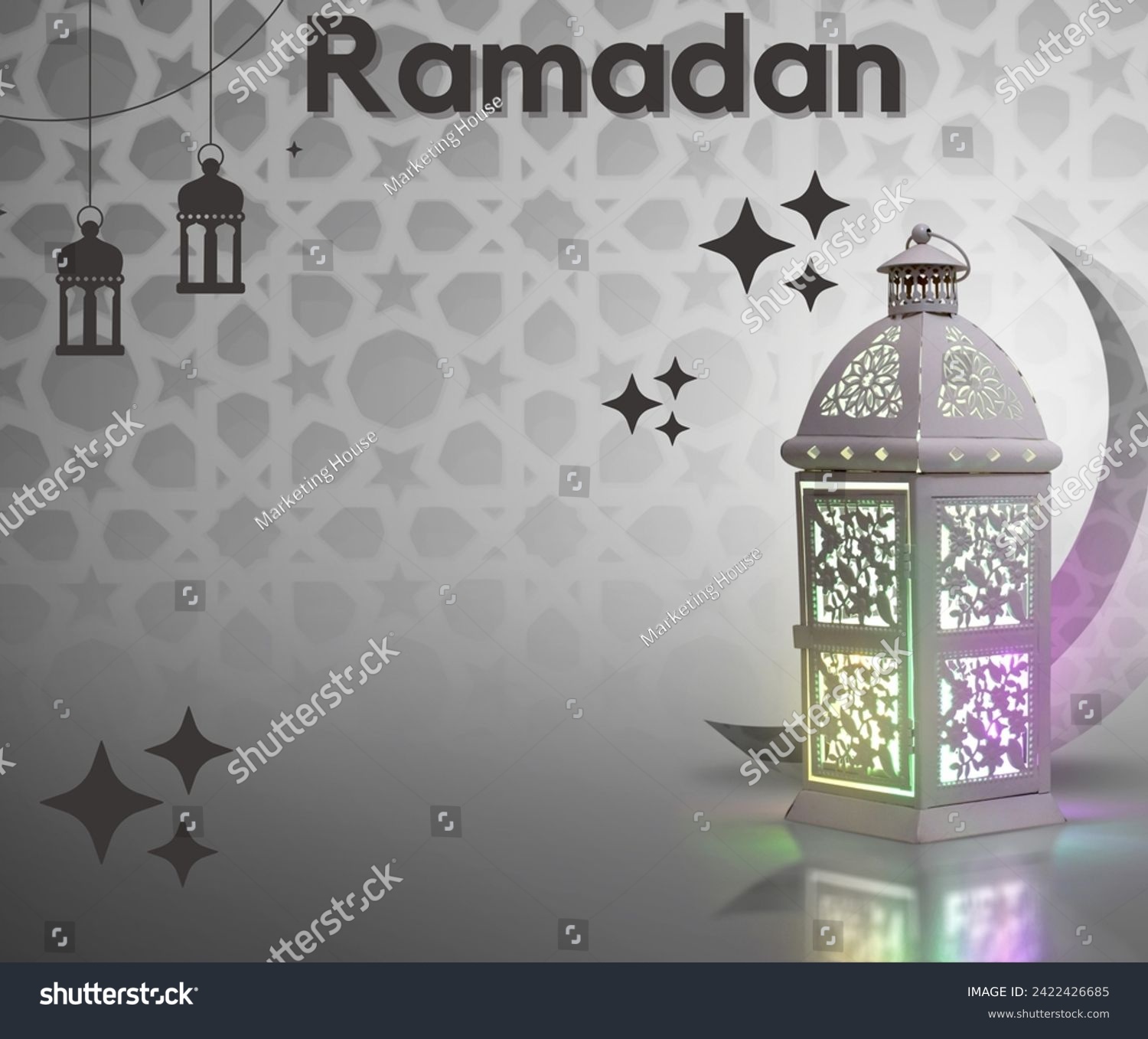 Ornamental Arabic lantern with burning candle on Islamic pattern. Festive greeting card, invitation for Muslim holy month Ramadan Kareem. #2422426685
