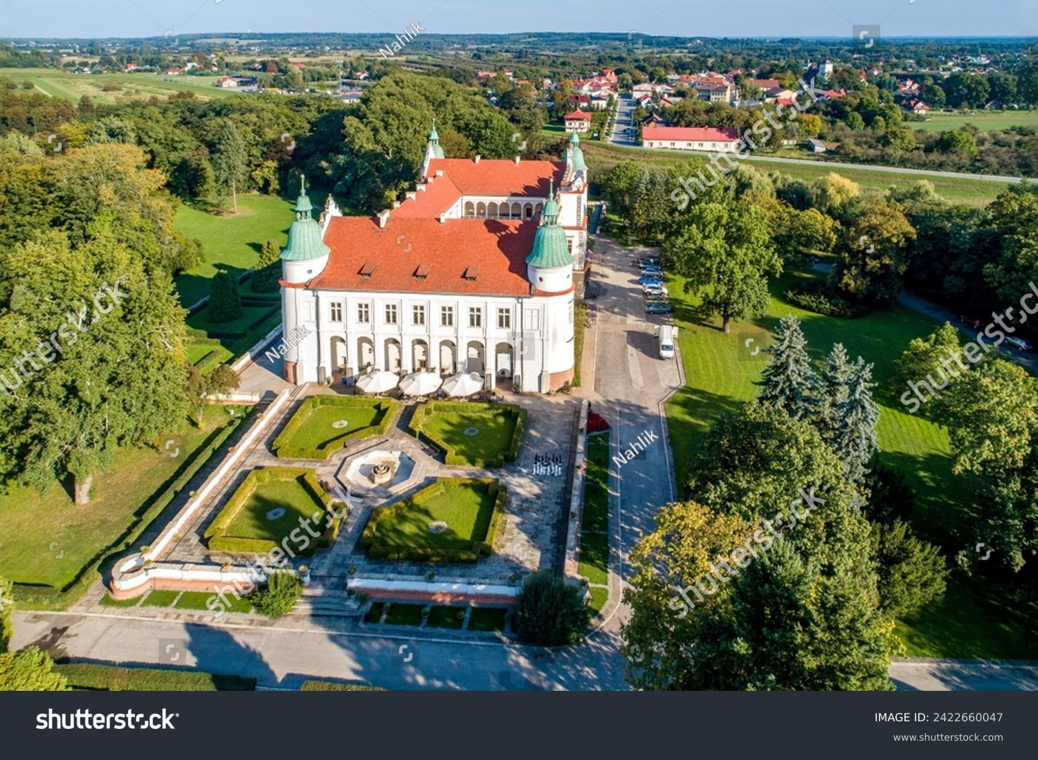 Renaissance castle, palace adn park in Baranow Sandomierski in Poland, often called â€œlittle Wawel". Aerial view. #2422660047