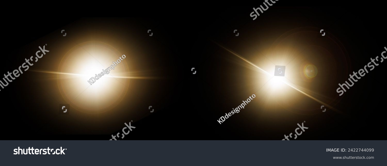 Easy to add lens flare effects for overlay designs or screen blending mode to make high-quality images. Abstract sun burst, digital flare, iridescent glare over black background. #2422744099