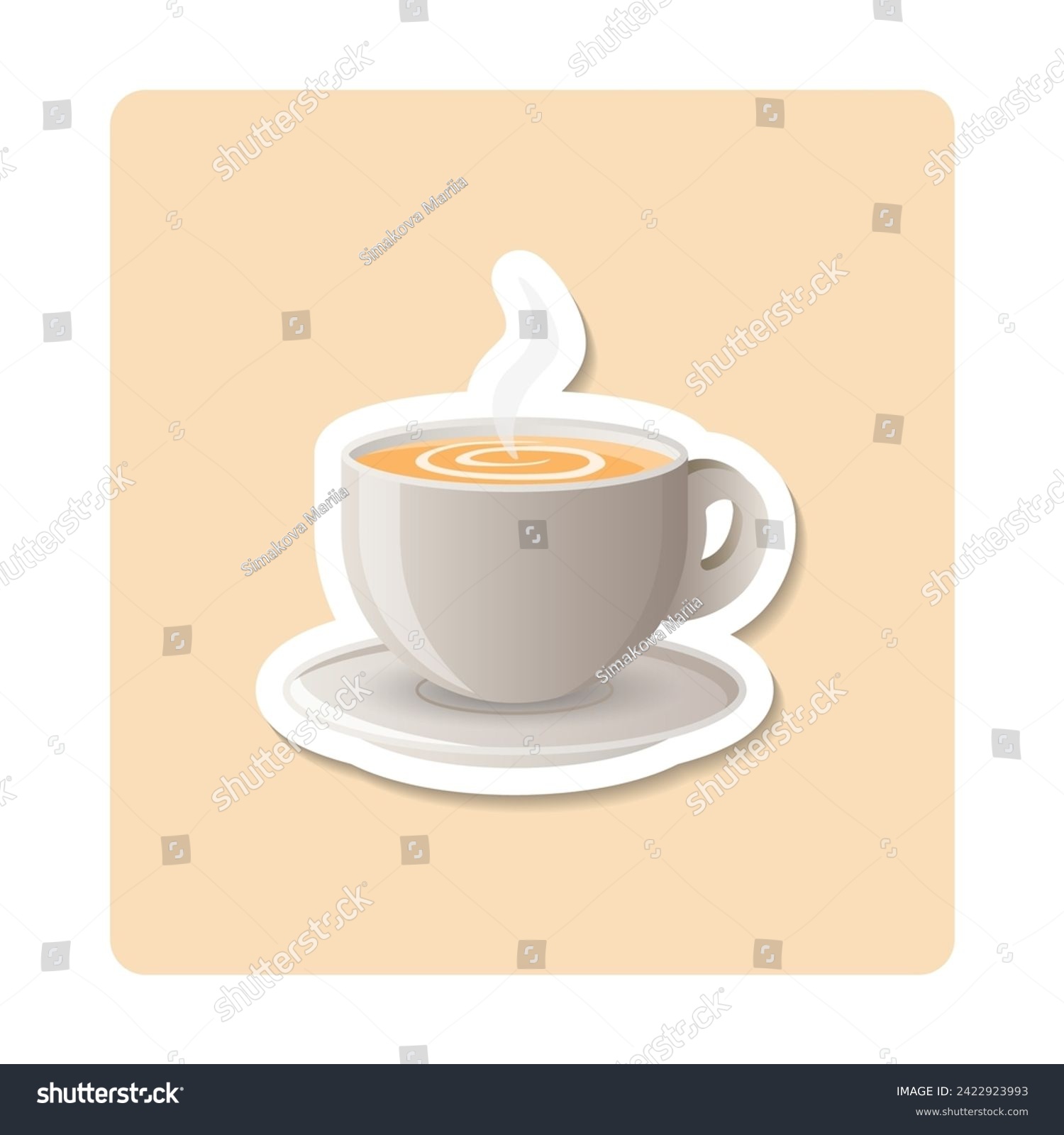 Cappuccino sticker illustration. Cup, saucer, coffee, steam. Editable vector graphic design. #2422923993