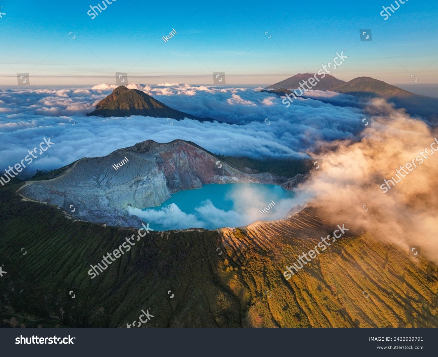 Aerial view of mount Kawah Ijen volcano crater at sunrise, East Java, Indonesia #2422939791