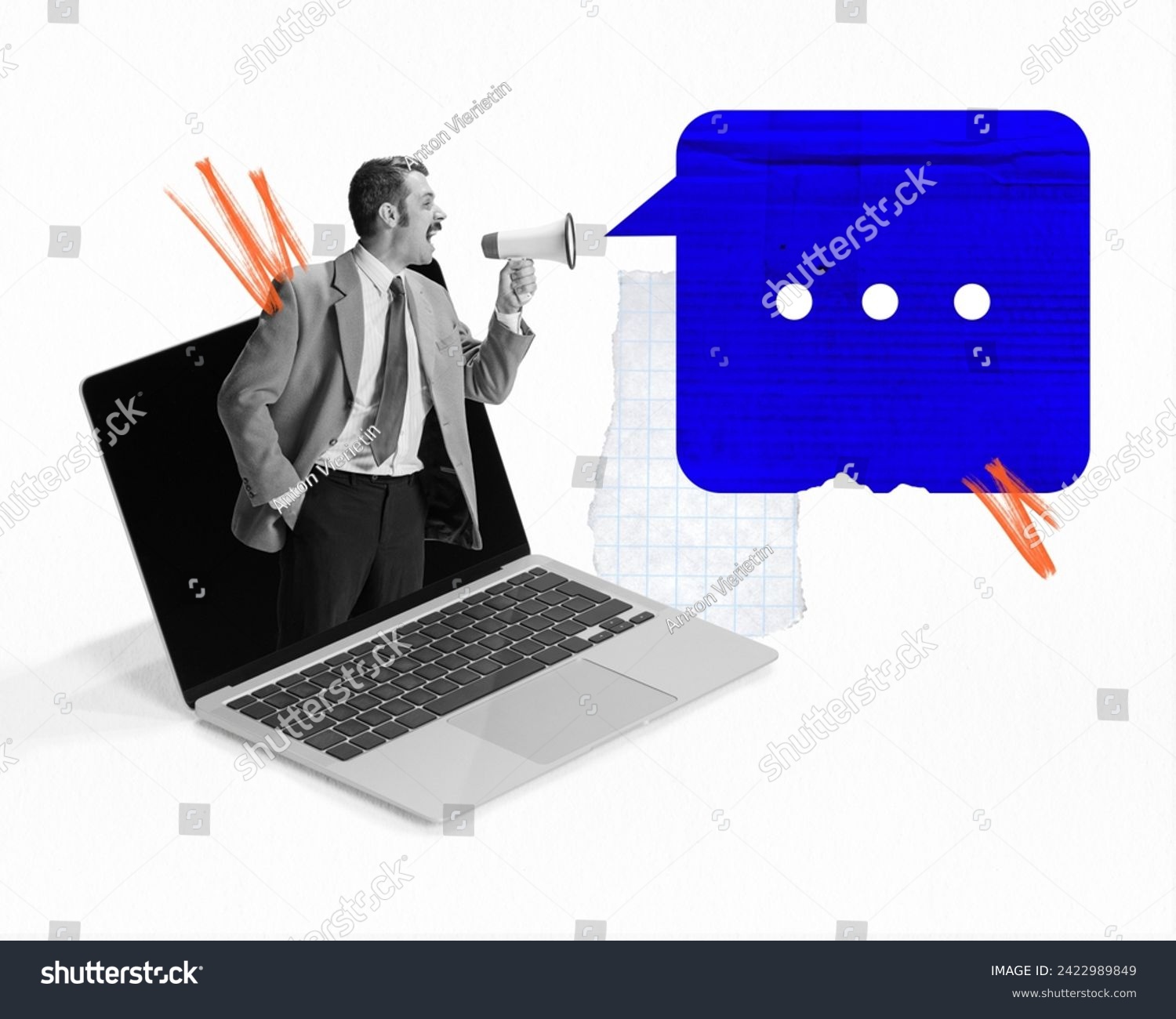 Poster. Contemporary art collage. Work hunter. Young man loudly shouting to megaphone standing in laptop with blank screen. Concept of business, communication, social media, news. Ad #2422989849